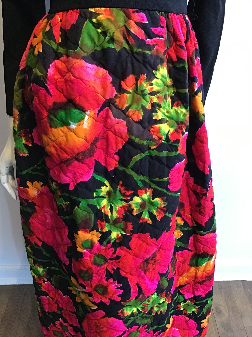 1960’s Black Top with Quilted Floral Skirt Cotton/Crepe Dress Size 6/7