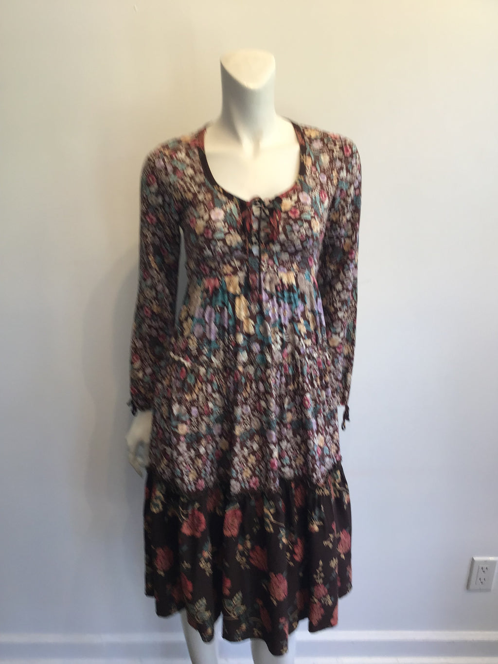 1970s Brown Floral Cotton Dress Size 4