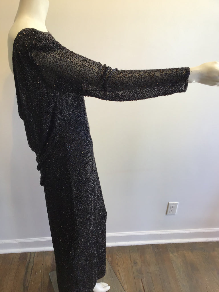 1980’s Oleg Cassini Black Beaded Silk/Rayon Evening Dress Size 10