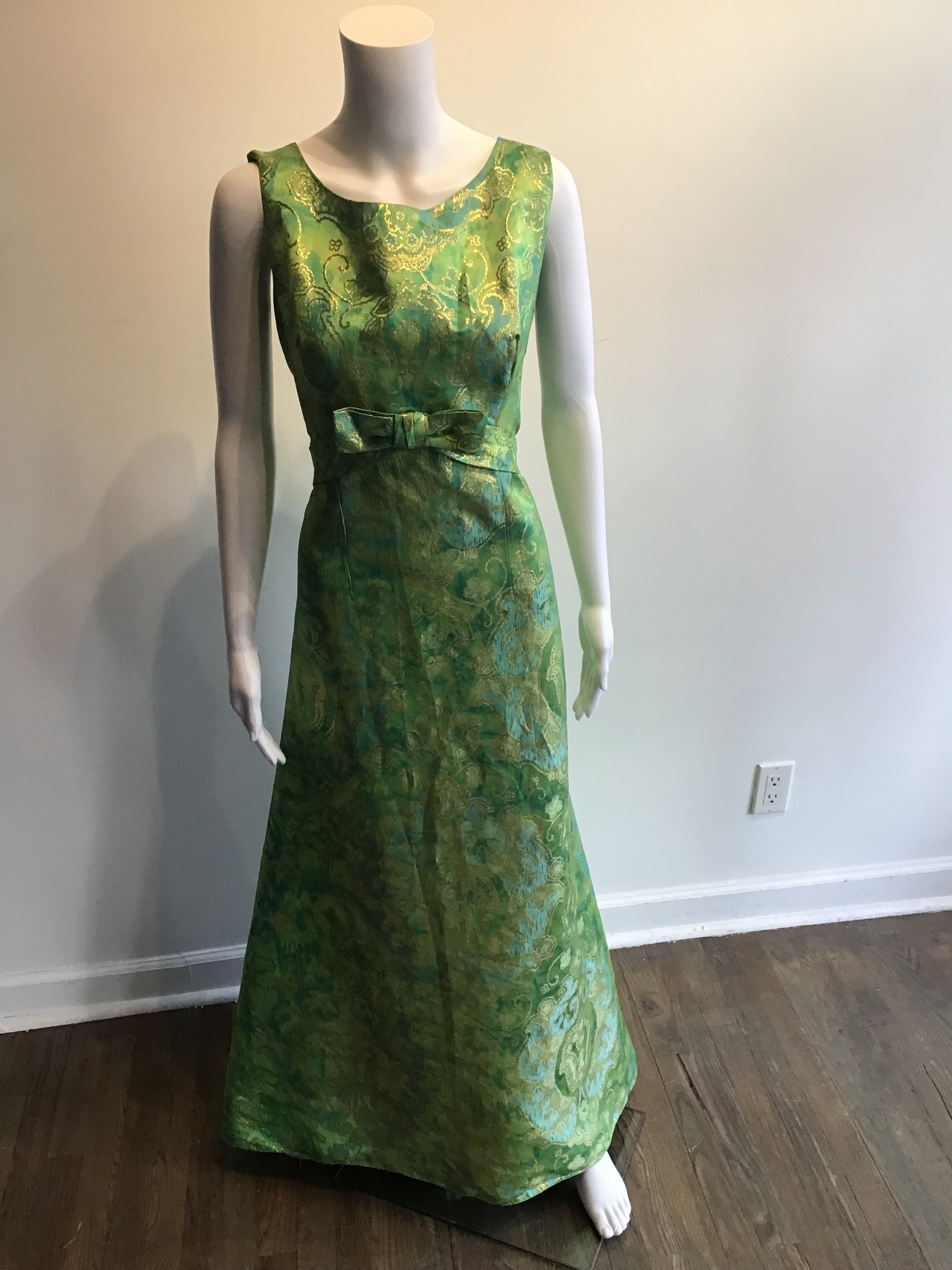1960’s Phillip Hulitar Green and Gold Lamé Evening Dress Size 10