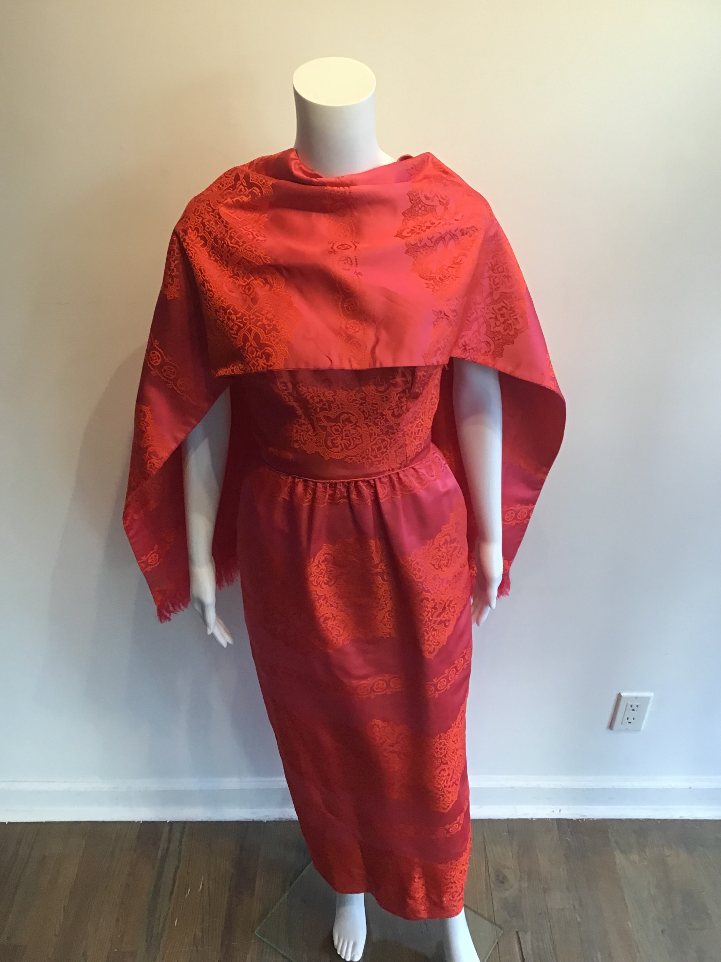 1960’s Jax Red and Orange Silk Dress with Shawl Size 4