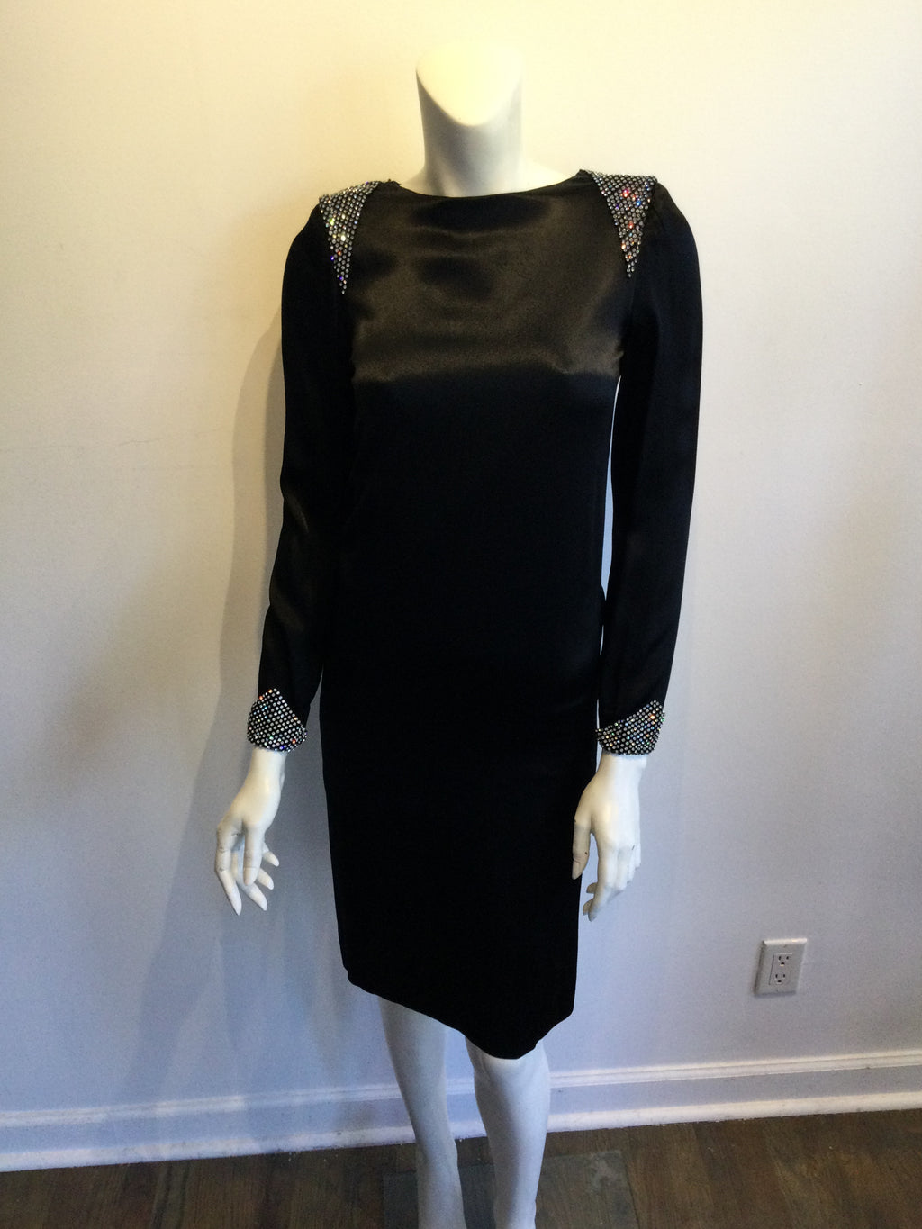 1980s Albert Nippon Black Silk Satin Cocktail Dress Size 6