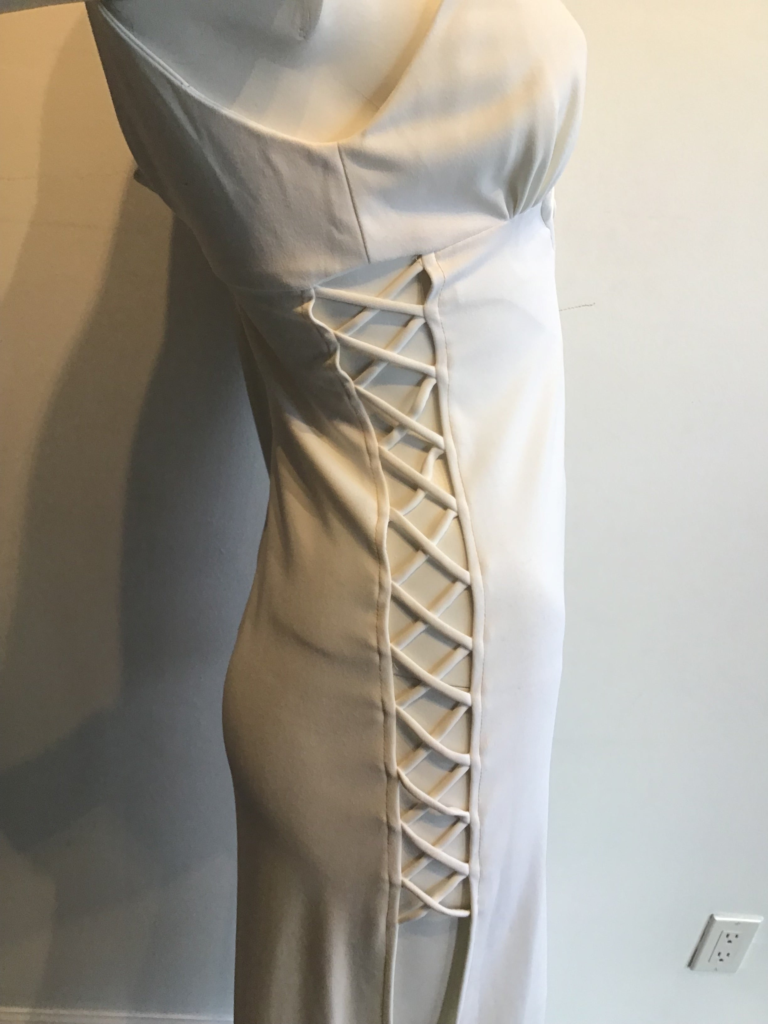 1960s Sultry Cream Rayon"Bond Girl" Dress with Crisscross Cutouts on the Sides Size 2/3