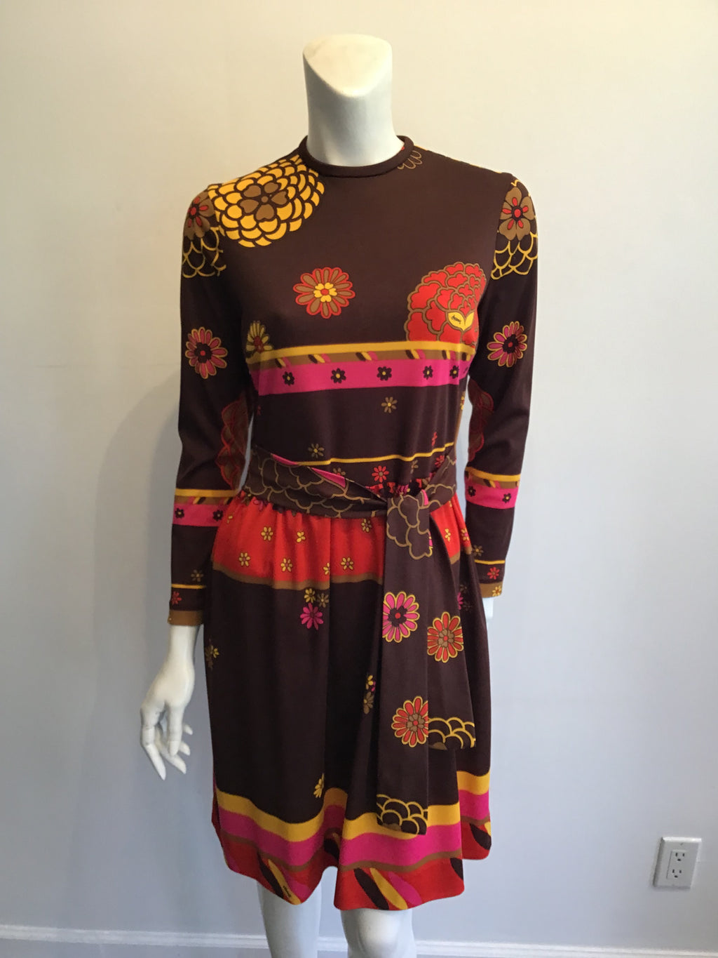 1970s Artemis Polyester Blend Brown Multicolor Dress Size 10