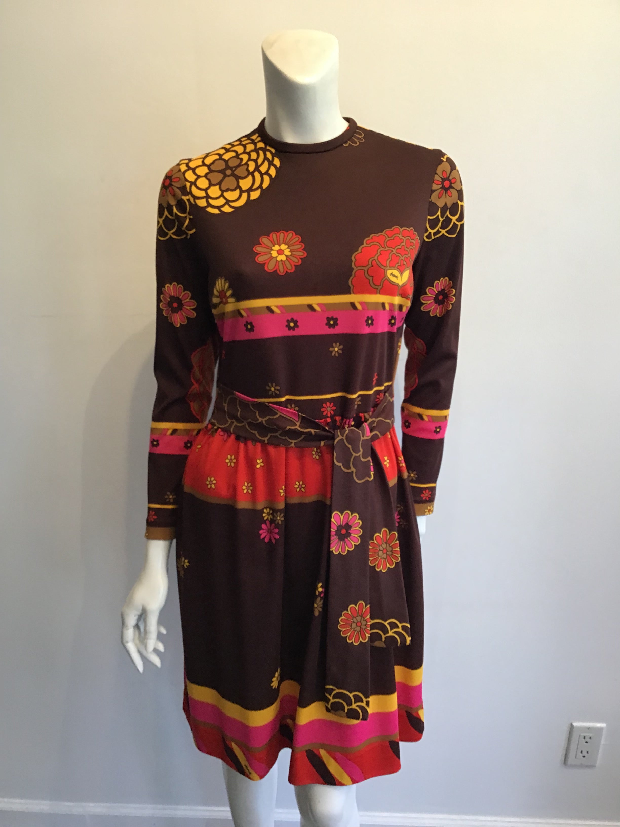 1970s Artemis Polyester Blend Brown Multicolor Dress Size 10