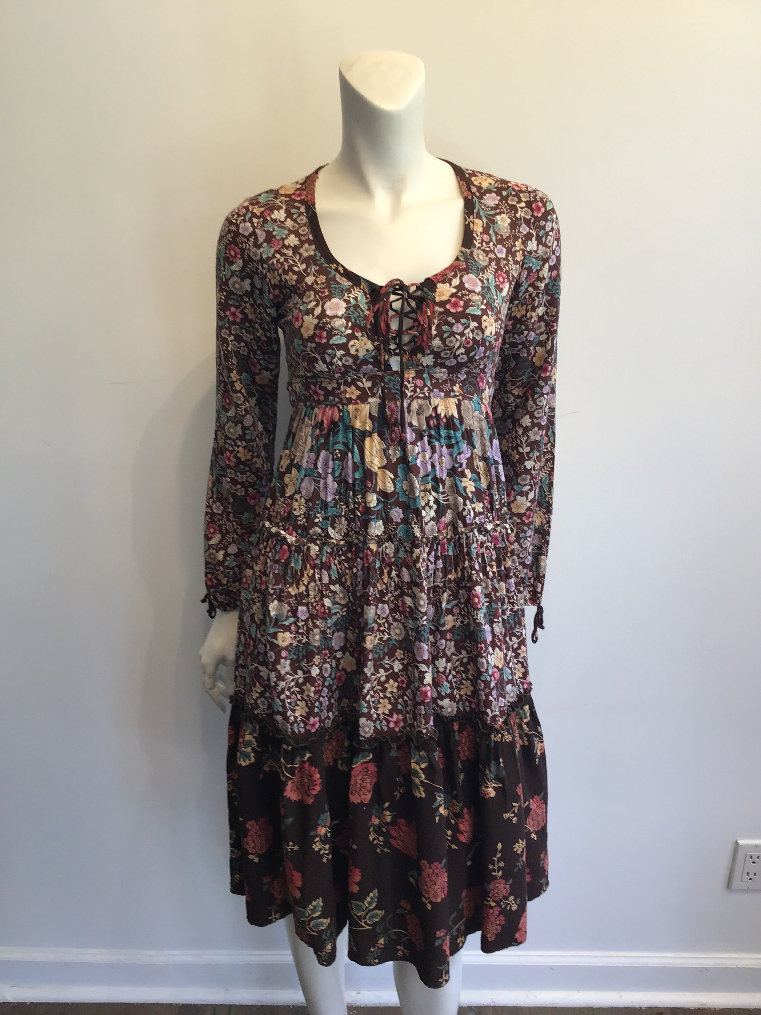 1970s Brown Floral Cotton Dress Size 4