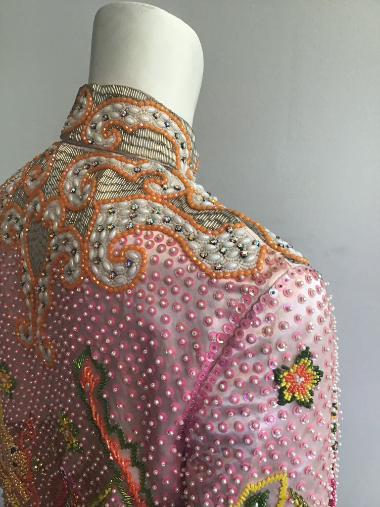 1960s Rare Chinese Pink Silk Handbeaded Jacket with Dragon and Phoenix -size 4/5