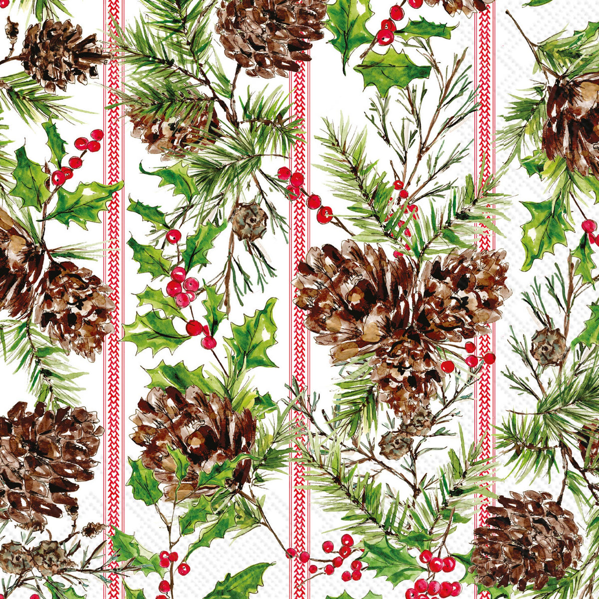 Paper Cocktail Napkins 20ct Pine Cone Toile Strip Christmas
