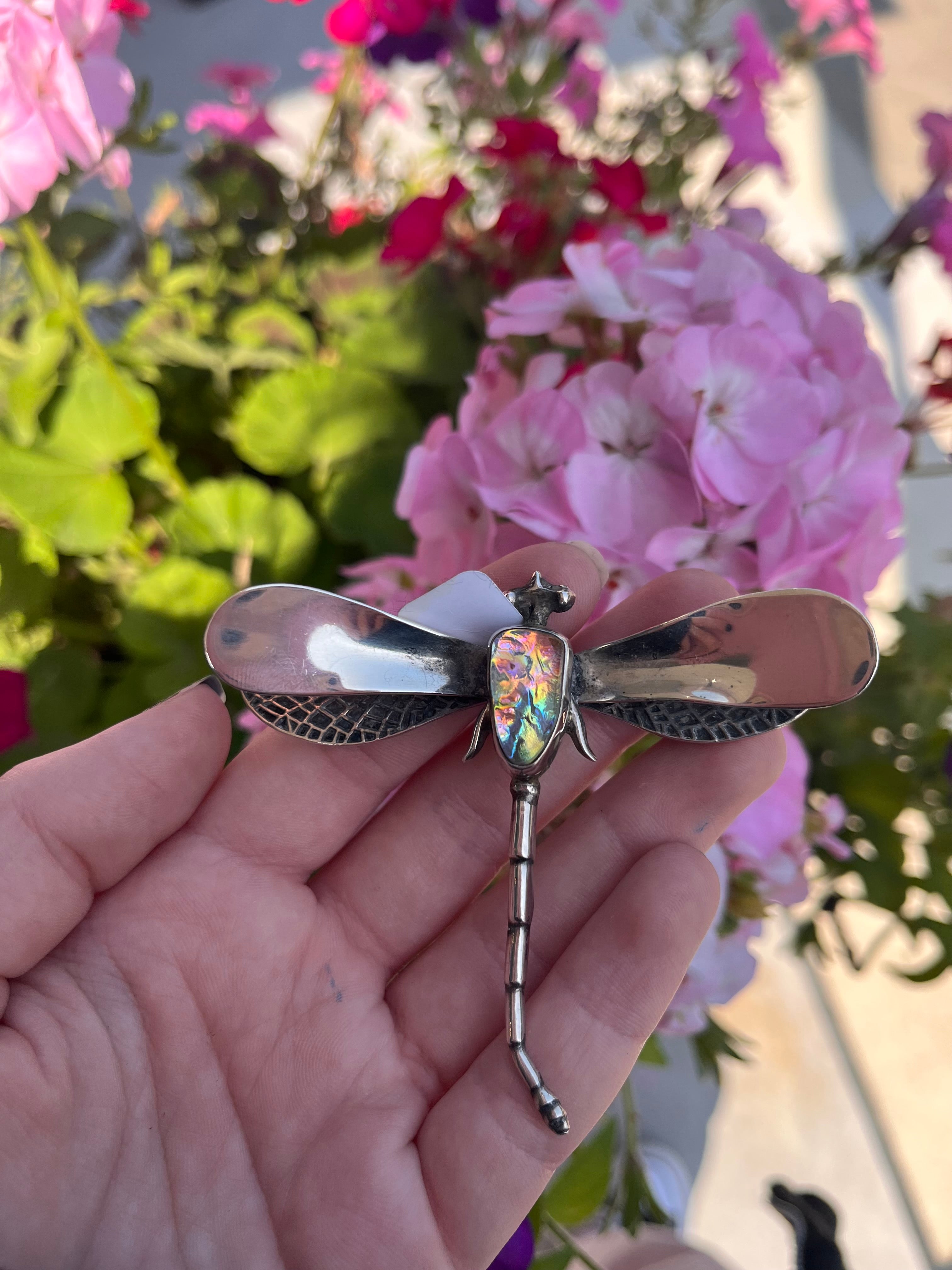 Vintage 1970s Dragonfly Sterling Pin / Brooch with faux opal stone