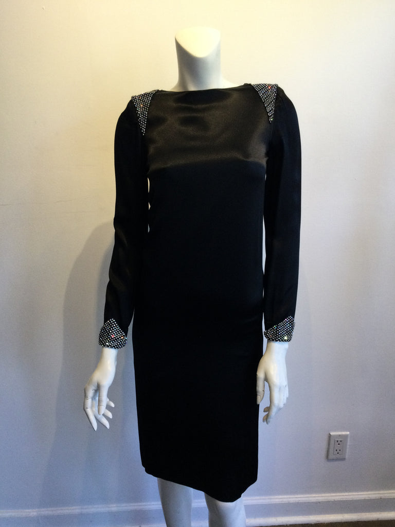 1980s Albert Nippon Black Silk Satin Cocktail Dress Size 6