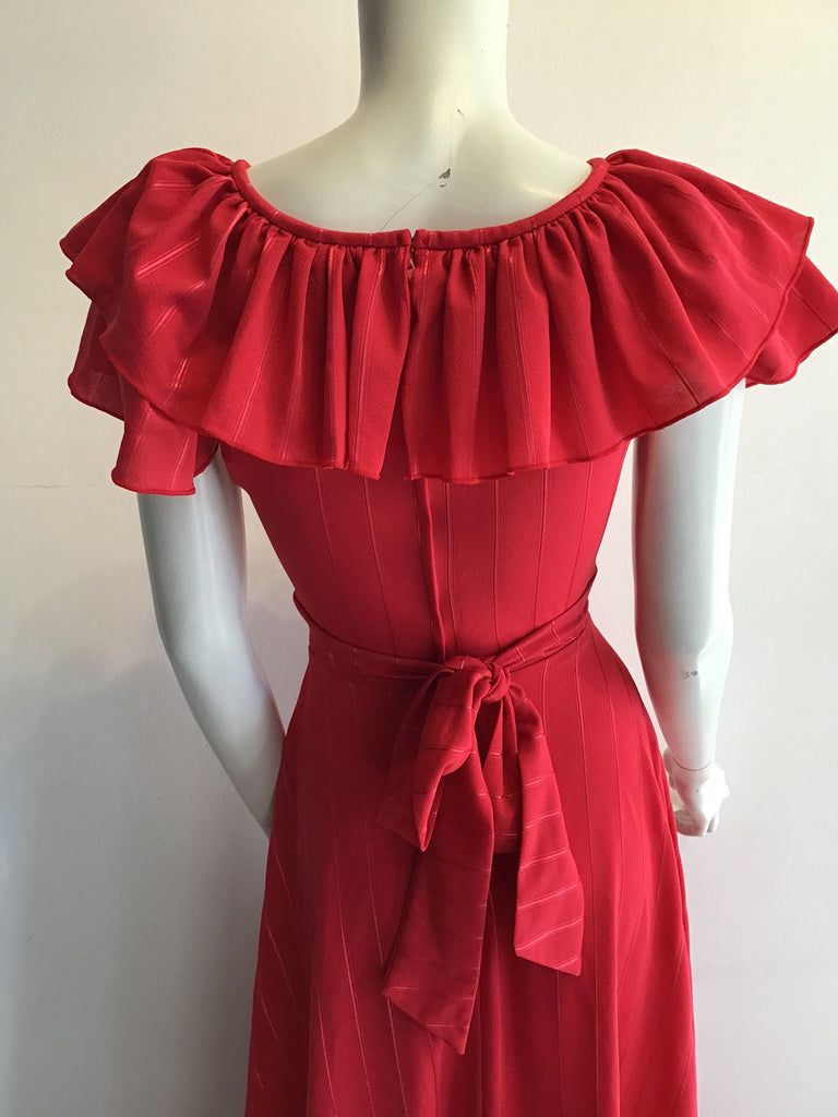 1970s Red Polyester Dress with Ruffle Neckline size 2