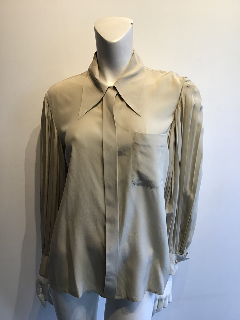 Late 1980s Valentino Taupe Silk Blouse with Pleated Sleeves Size 8