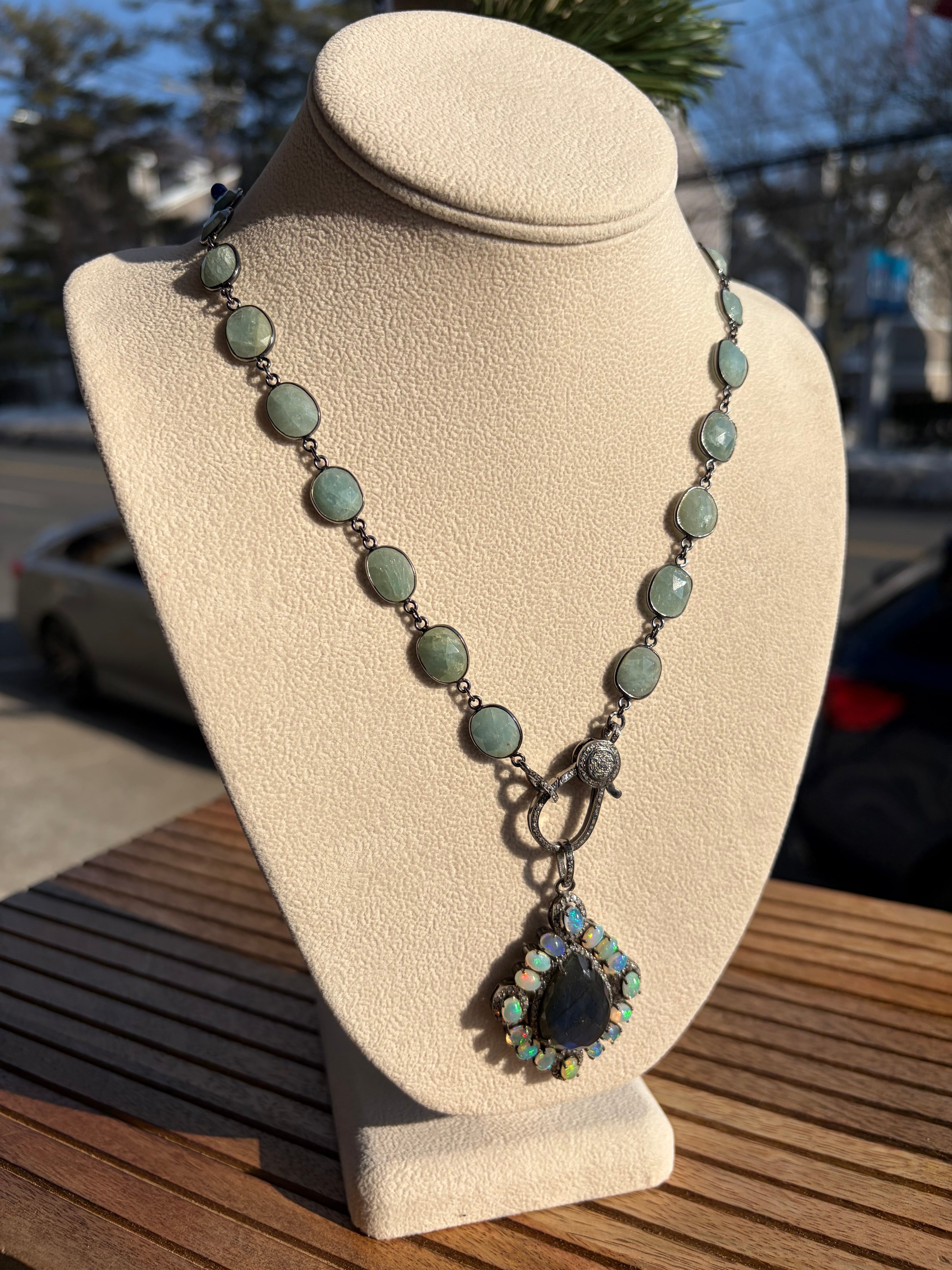 Large Labradorite with Fire Opals & Diamonds, Sterling Silver Pendant Necklace