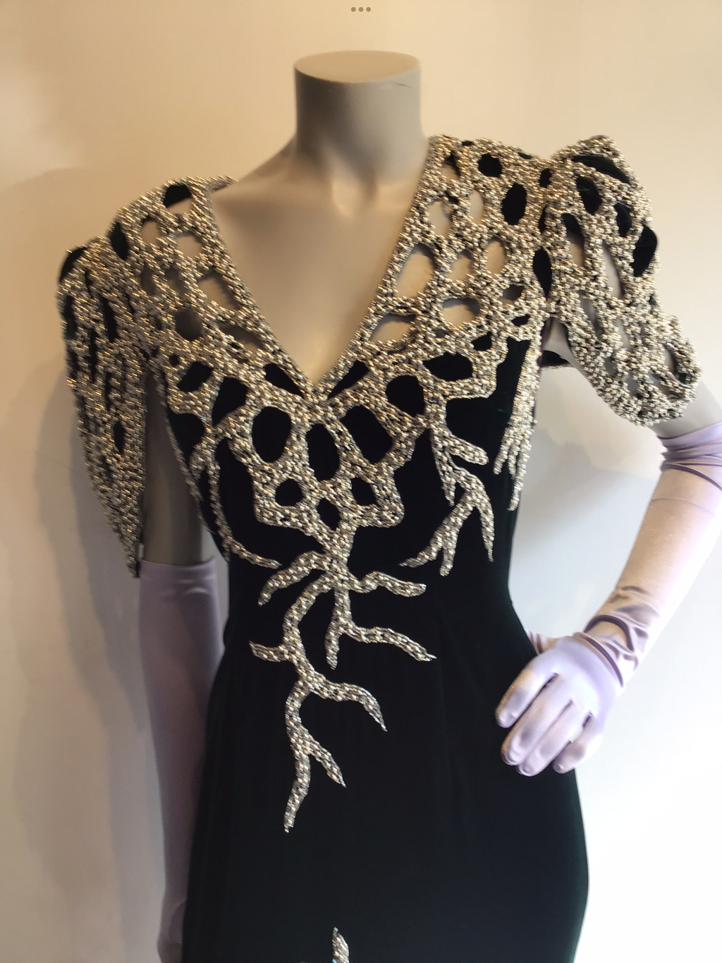1980’s Forest Green Silk Velvet and Silver Beads Gown attributed to Bob Mackie Gown Size 8