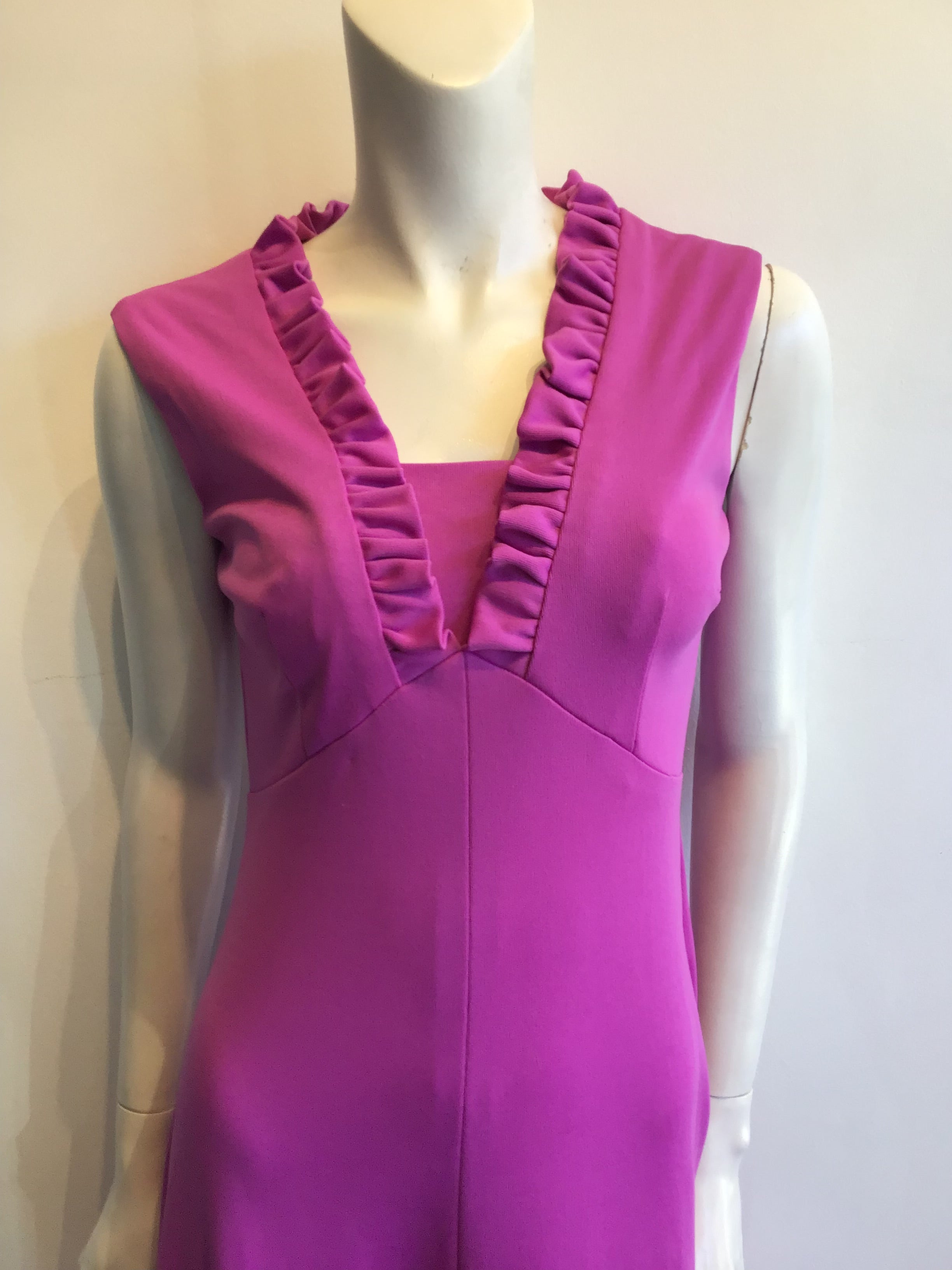 1970’s Violet Polyester Maxi Drrss with Ruffled Neckline Size 8