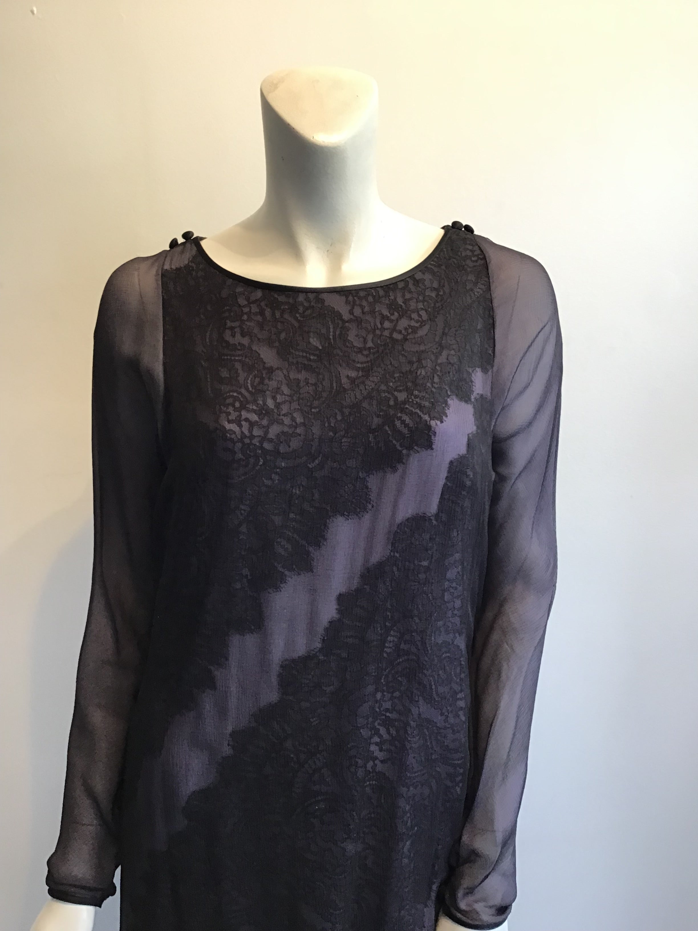 1990's  Bob Mackie Black and Lavender Silk Chiffon Dress with lace Size 10