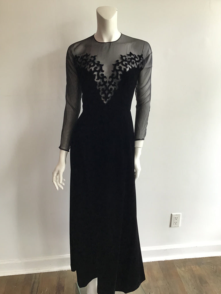 1980s Black Silk and Chiffon Oscar de La Renta Evening Gown Size 6