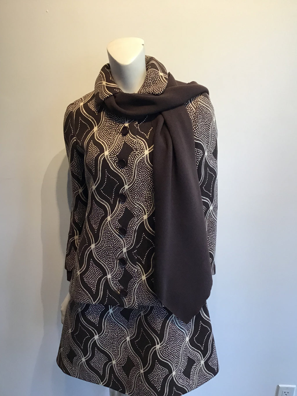 1960s Wool/Wool Crepe Brown Printed Dress with Jacket and Scarf Size 8