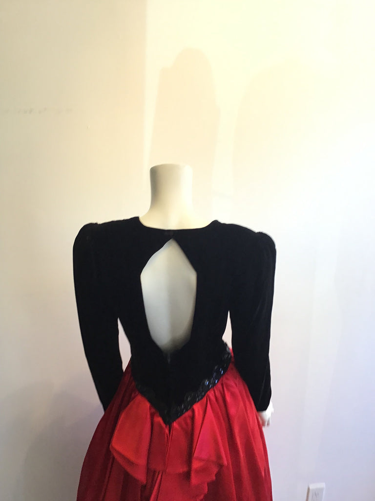 1980’s Silk Velvet Red and Black Evening Dress Size 8