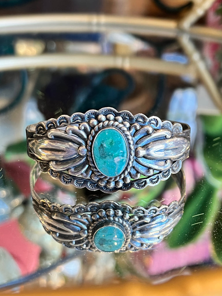 Navajo Sterling Cuff with Turquoise center stone -1970's