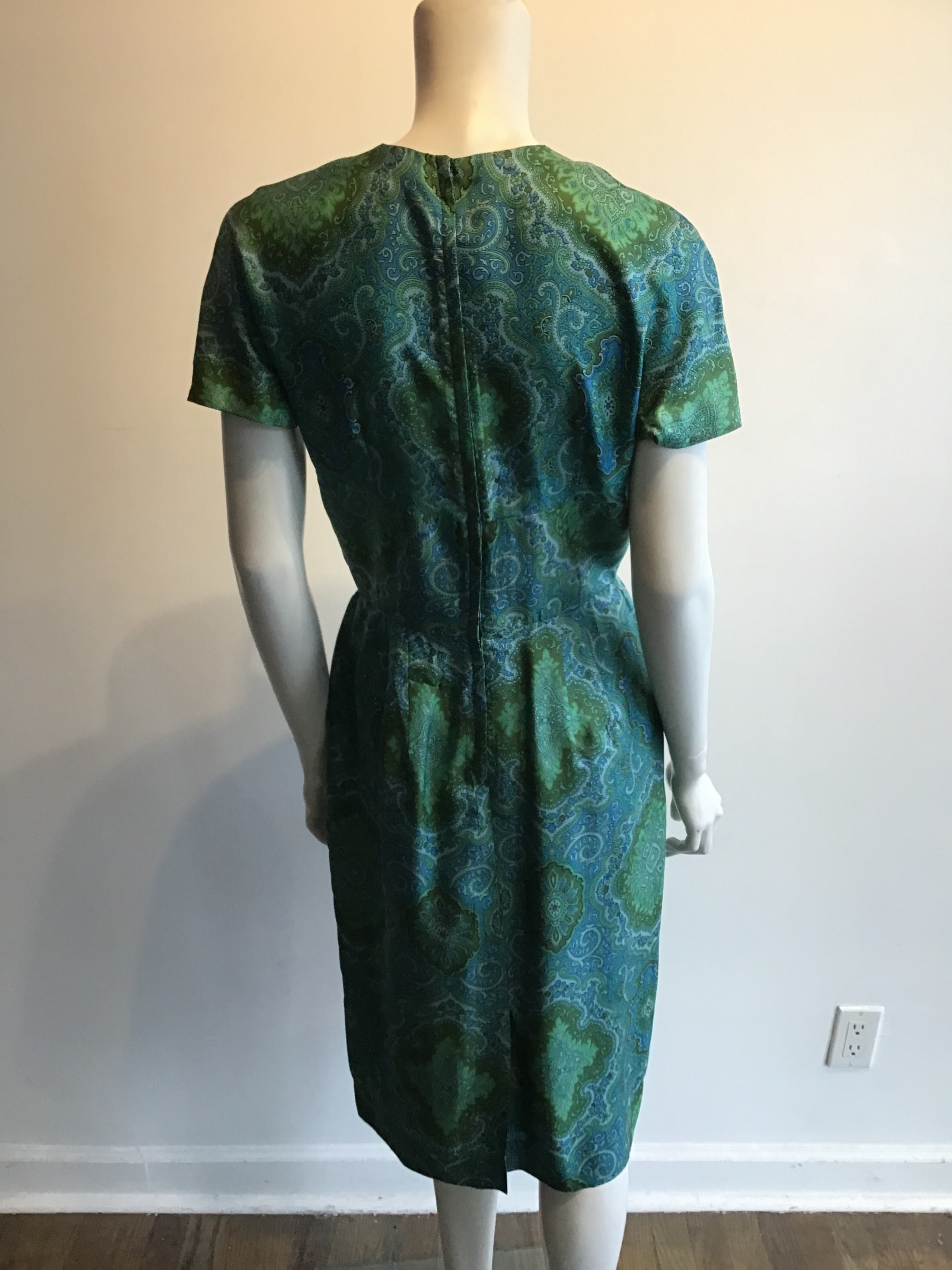 1950s Blue and Green Silk Day Dress Size 8