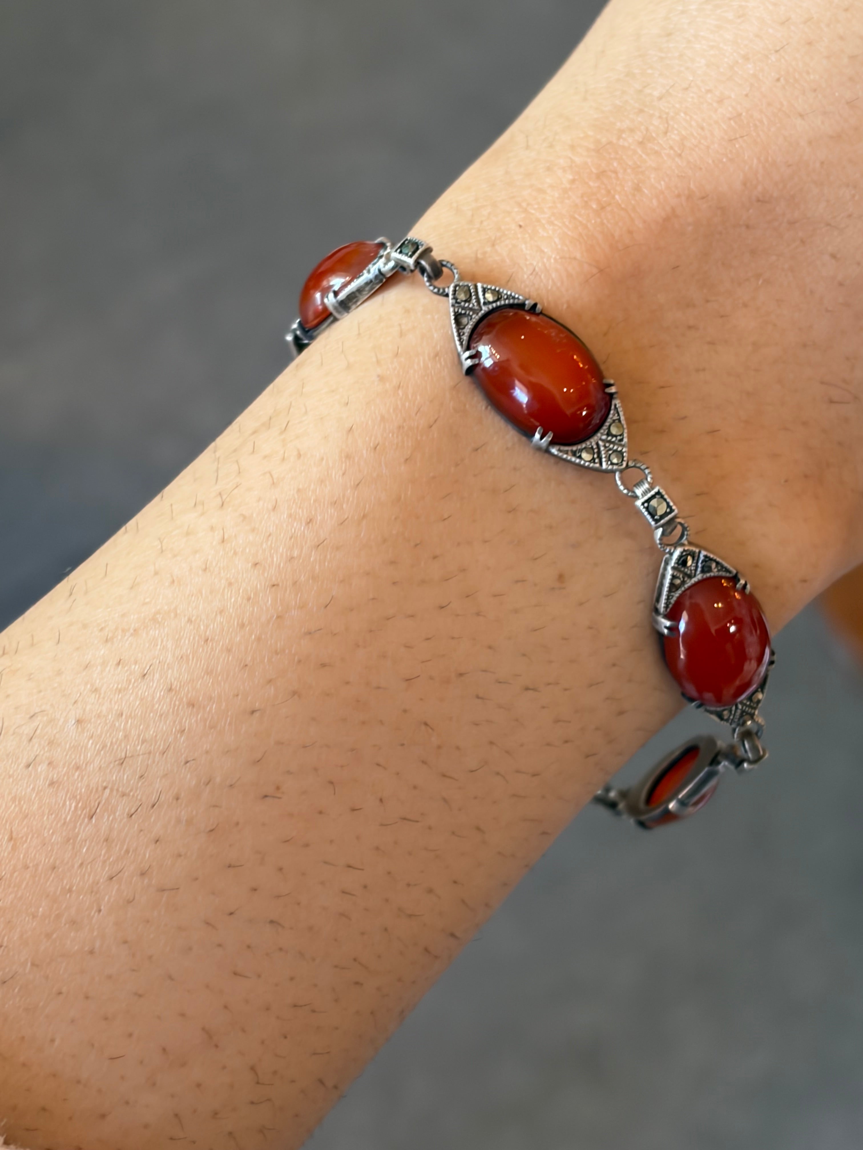 ART DECO STERLING AND CARNELIAN CABACHON BRACELET WTH MARCASITE