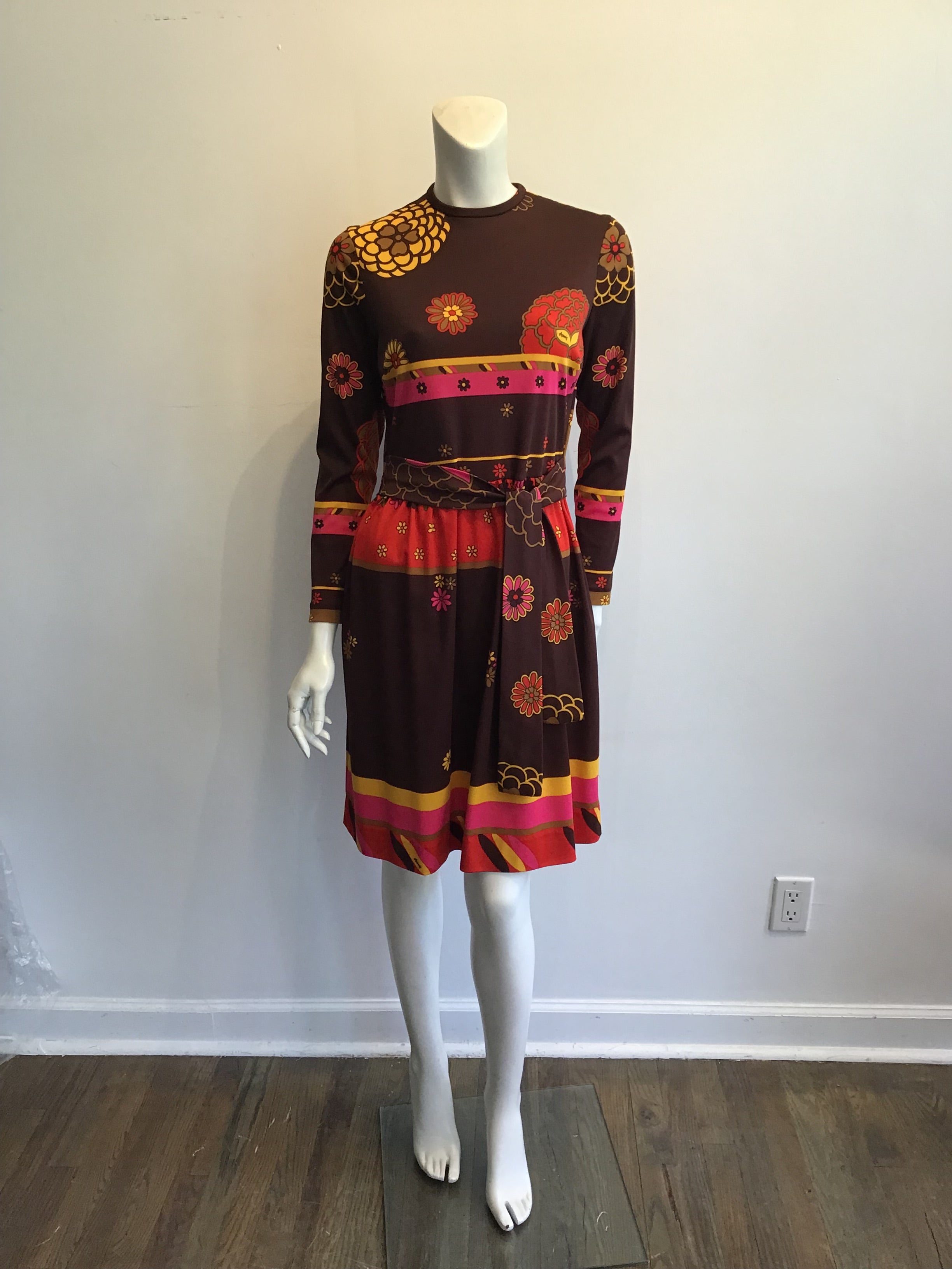 1970s Artemis Polyester Blend Brown Multicolor Dress Size 10