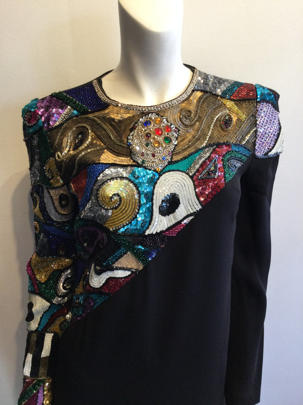1980’s Louis Féraud  BlackBeaded Viscoise Evening Dress Size 8