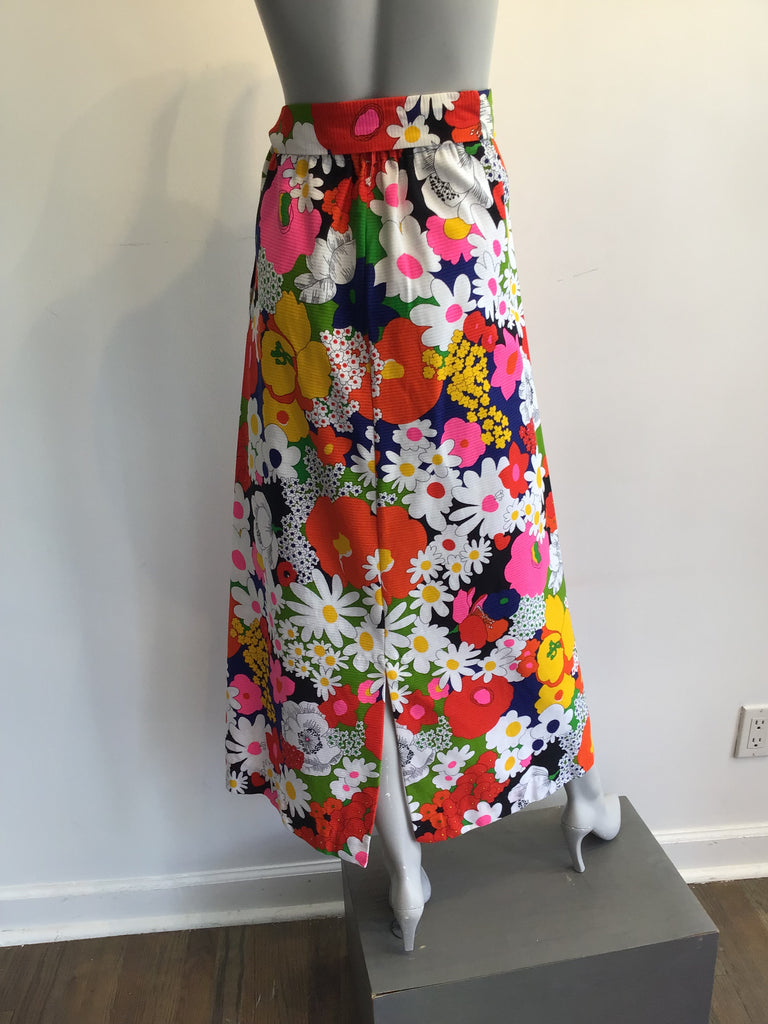 1970s Multicolor Floral Cotton Maxi Skirt Size 12