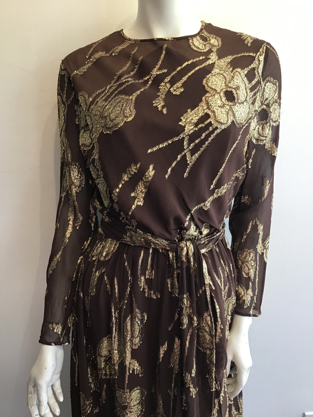 1970’s Brown and Gold Silk Blend Evening Gown Size 8