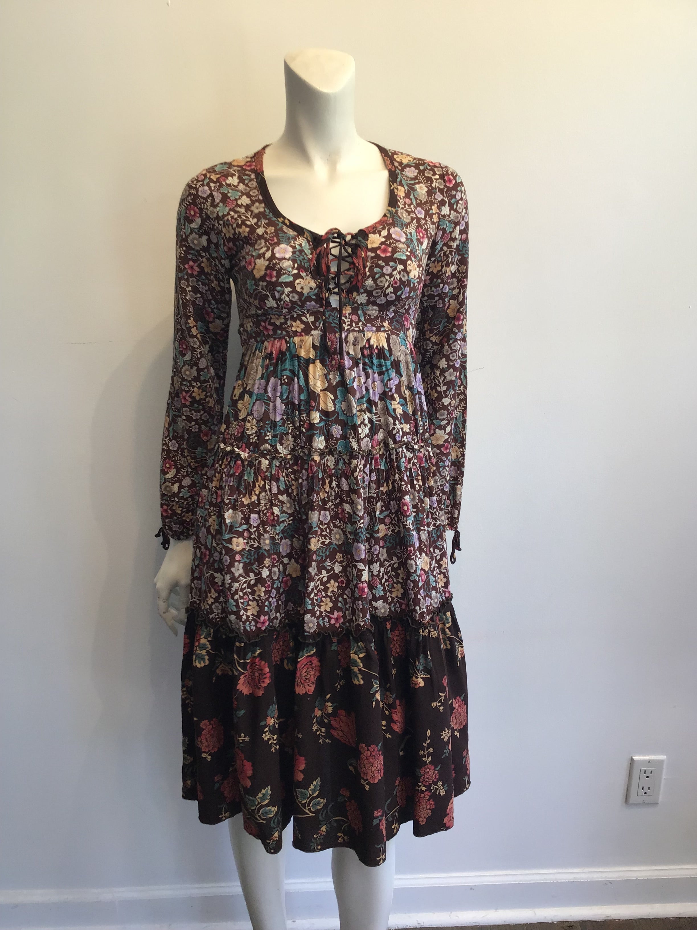 1970s Brown Floral Cotton Dress Size 4