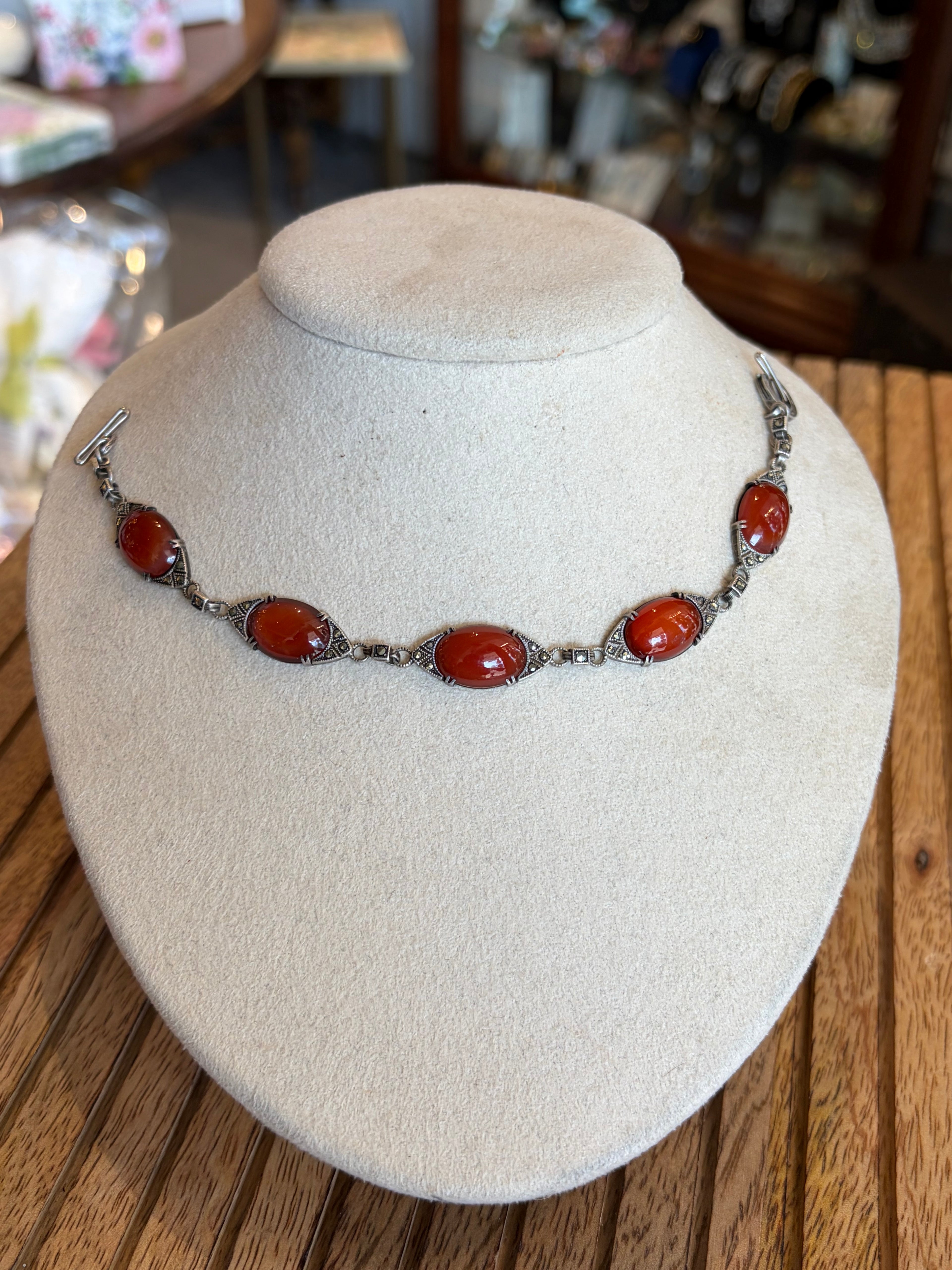 ART DECO STERLING AND CARNELIAN CABACHON BRACELET WTH MARCASITE