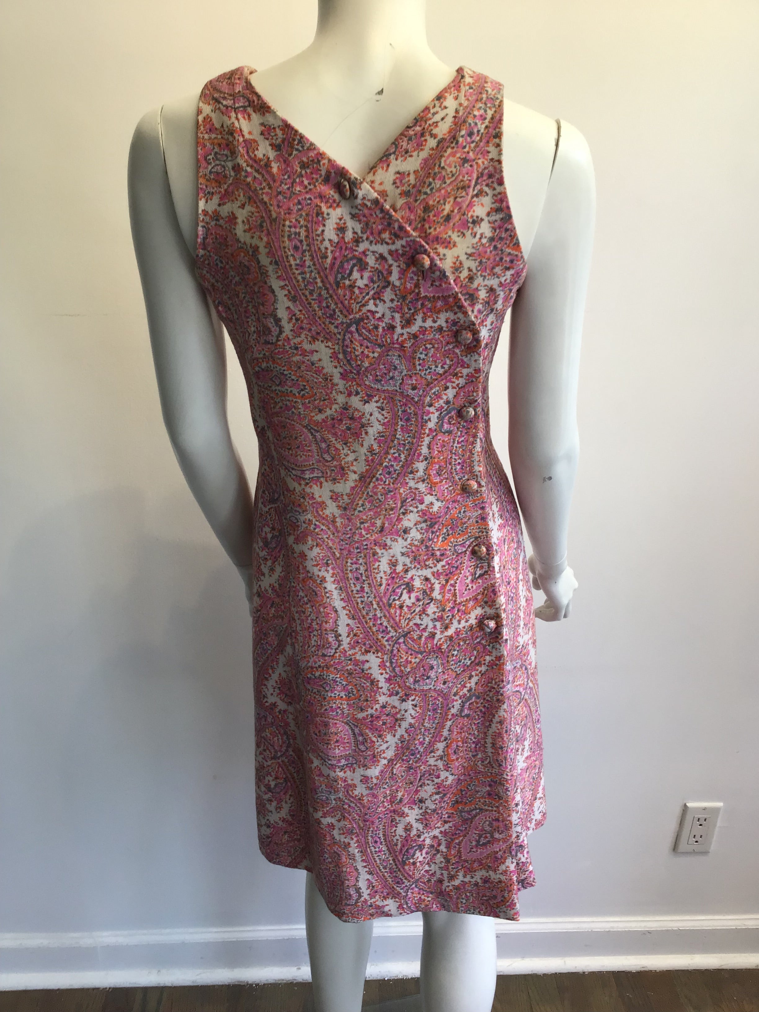 1960s Cotton Blend Pink Paisley Shift Dress Size 4