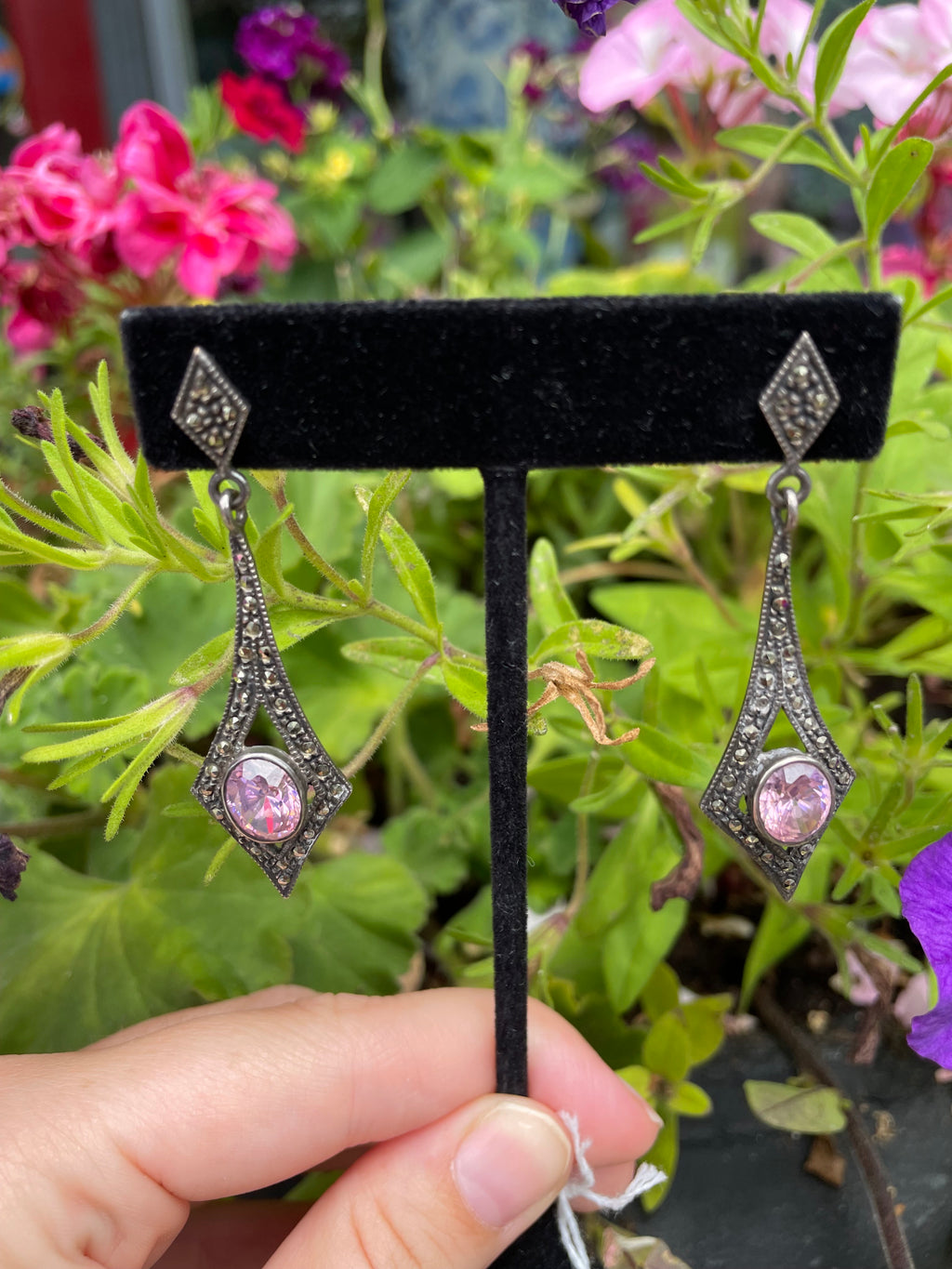 Sterling Maracsite and Pink Topaz Dangle Earrings