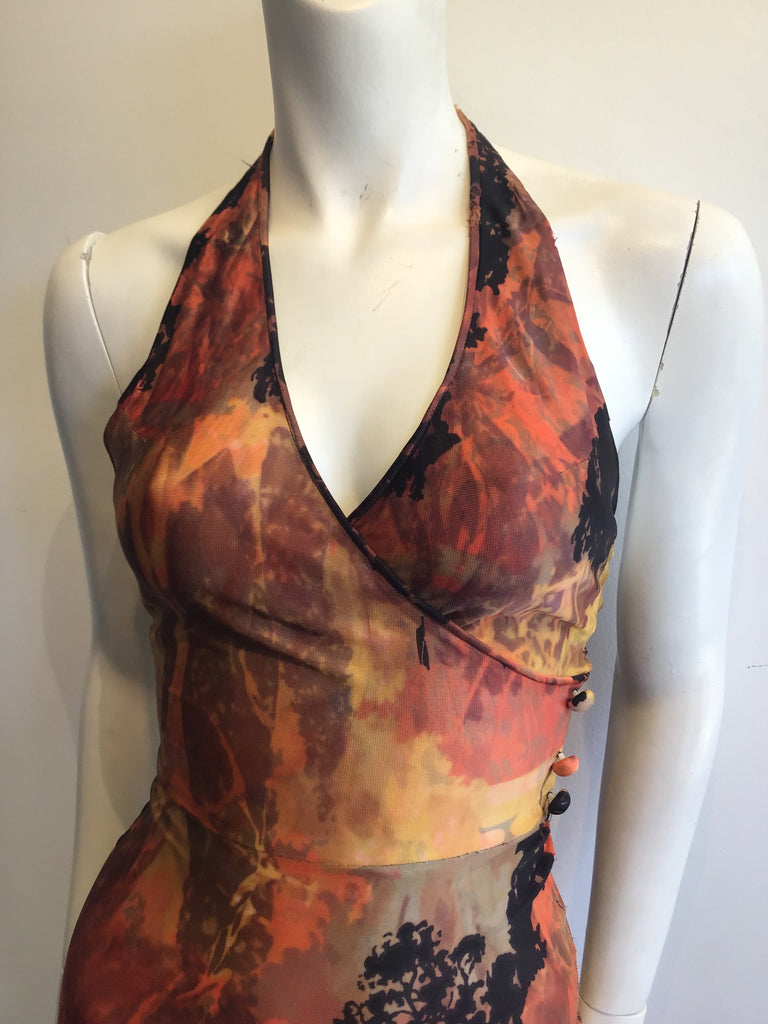 1970’s Orange and Black Halter Dress with Buttons Size 2