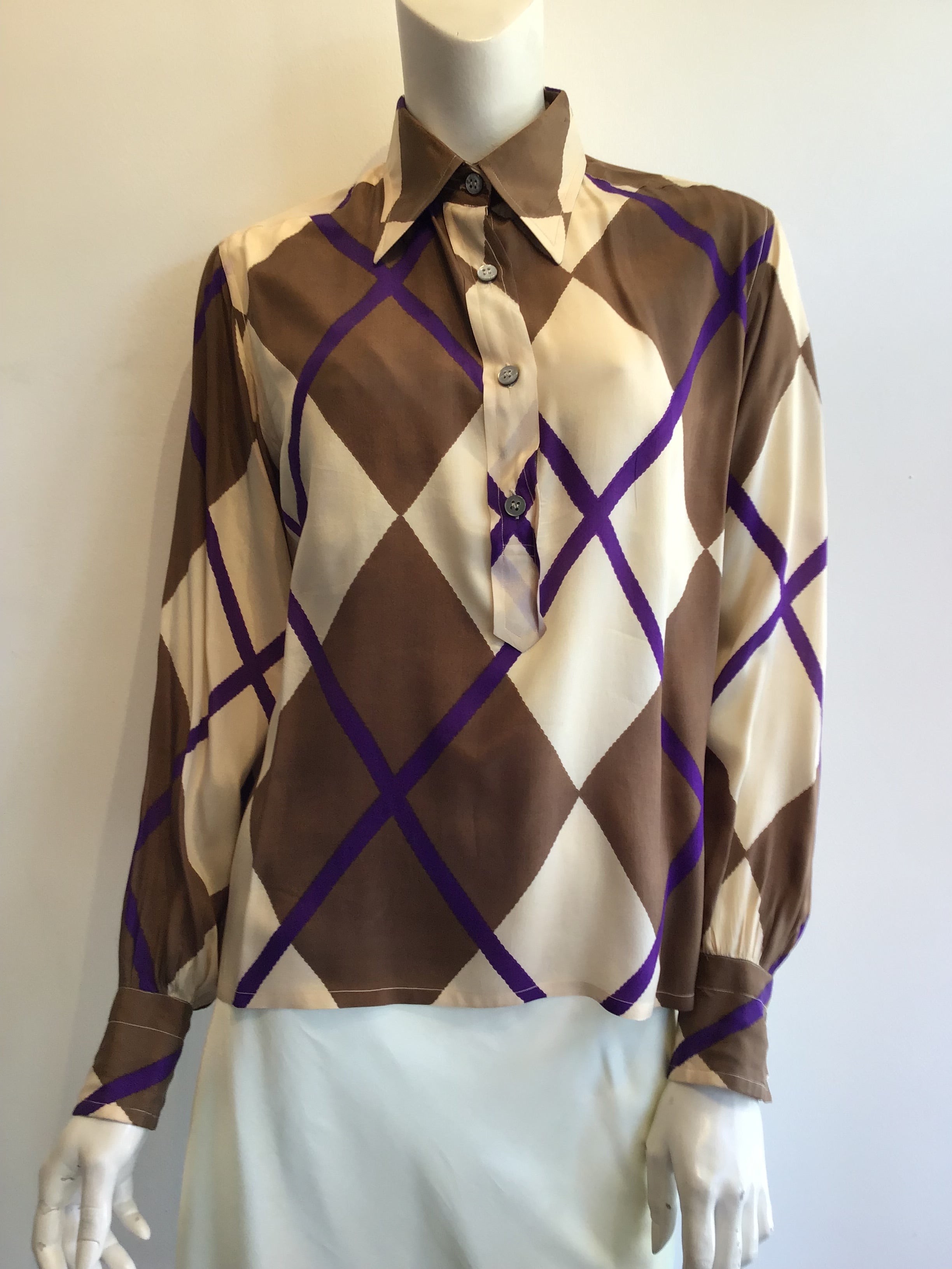 1980’s Valentino Silk Brown,Purple and White Blouse Size 8