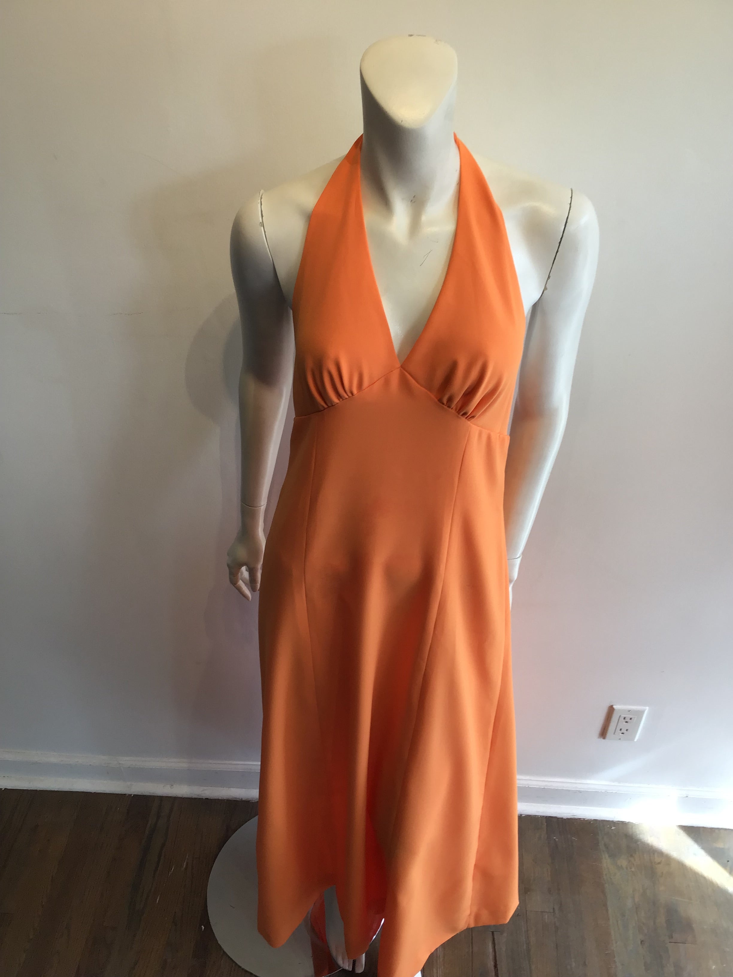 1970s Peach Polyester Halter Dress Size 8