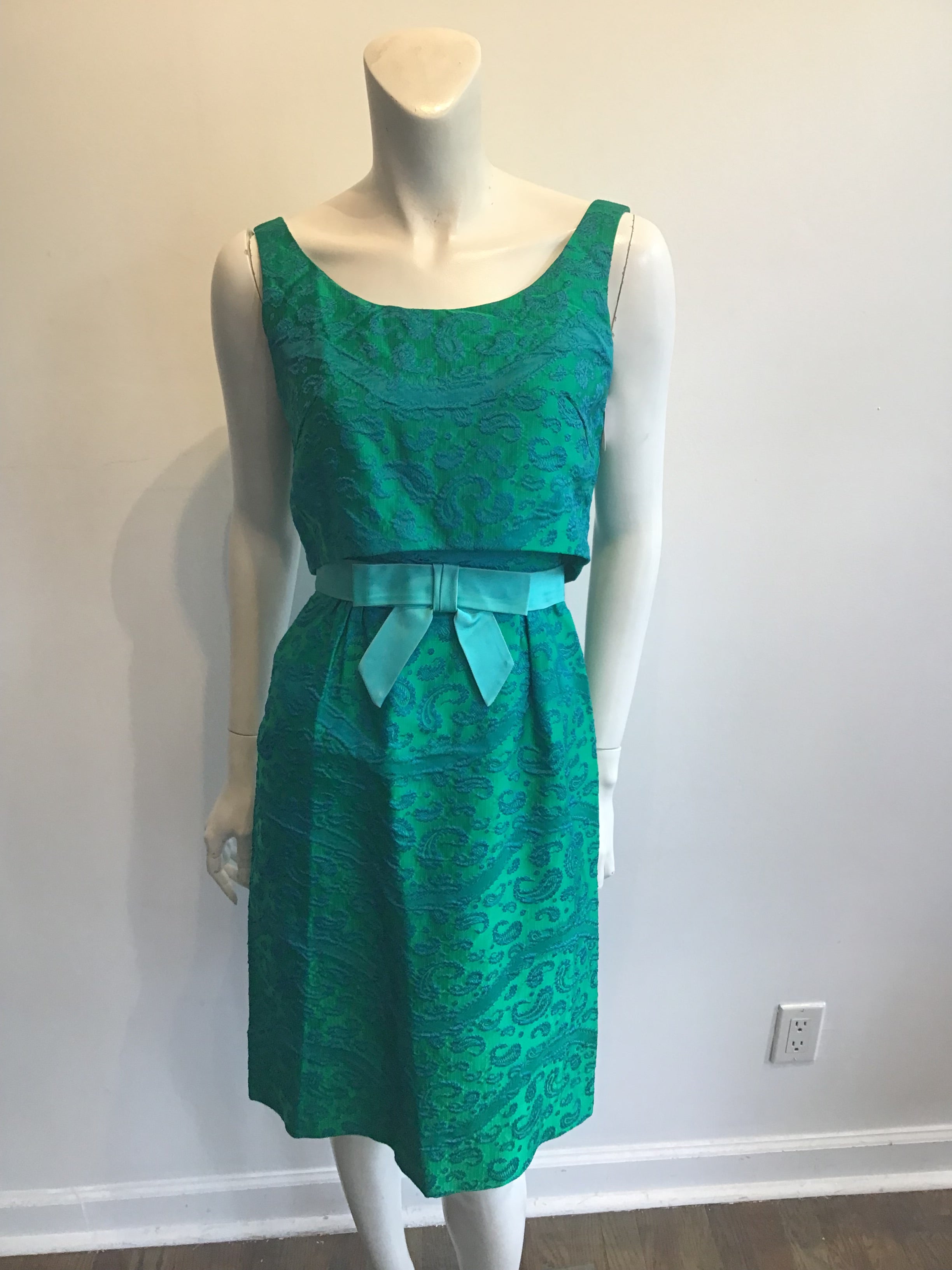Late 1950s Green and Blue Silk Brocade Cocktail Dress Size 6