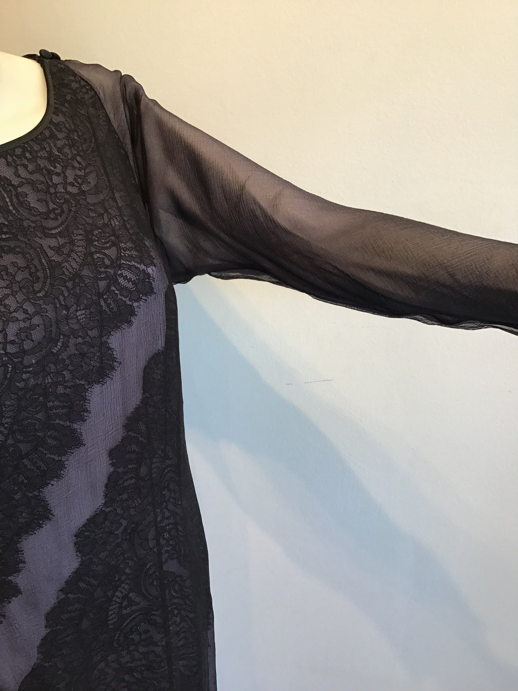 1990's  Bob Mackie Black and Lavender Silk Chiffon Dress with lace Size 10