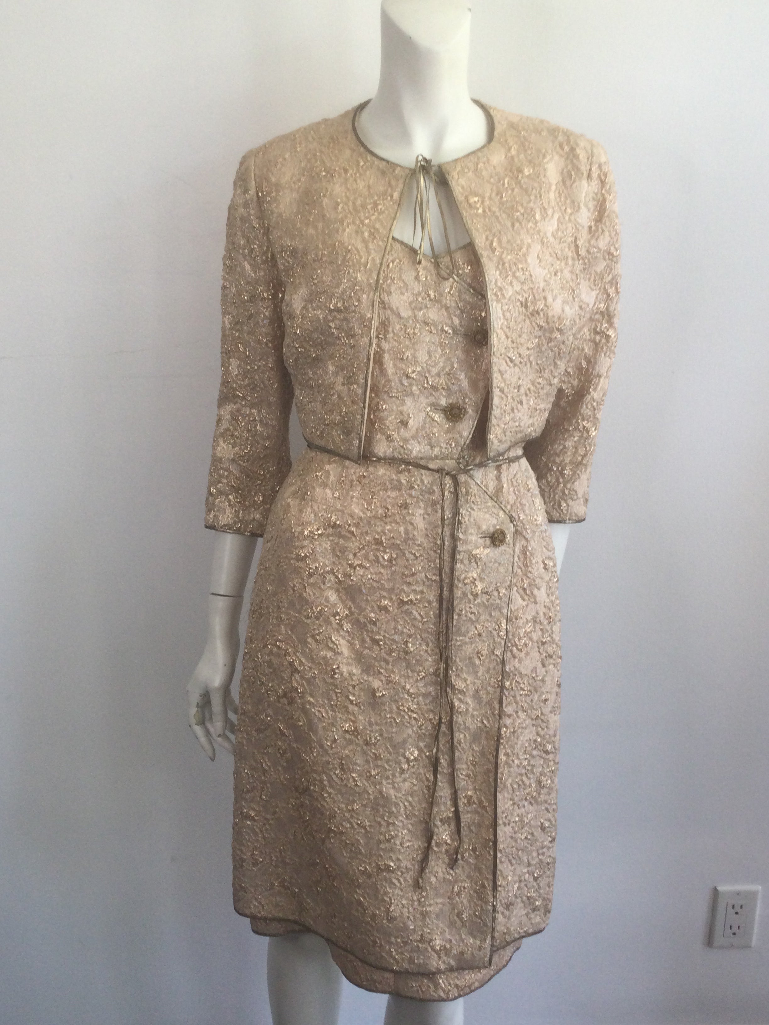 Late 1950s Gold Thread Silk BrocadeDress with Jacket Size 6