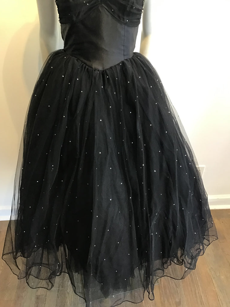 1980s David Fielden Black Tuille Strapless Evening Gown Size 4
