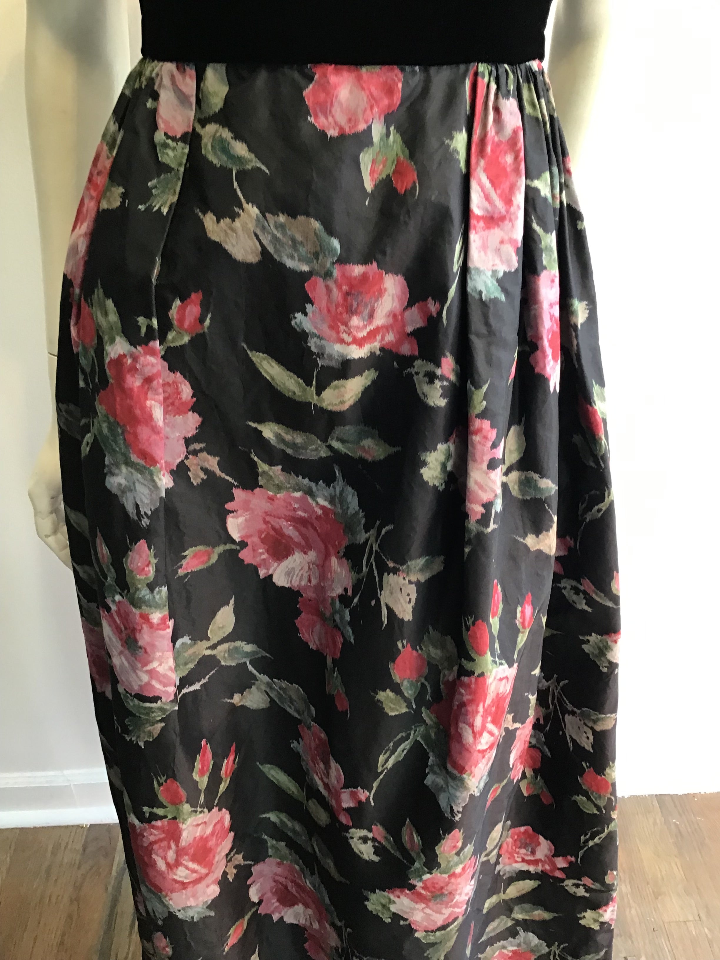 1960s Black Floral Silk Evening Dress Size 2