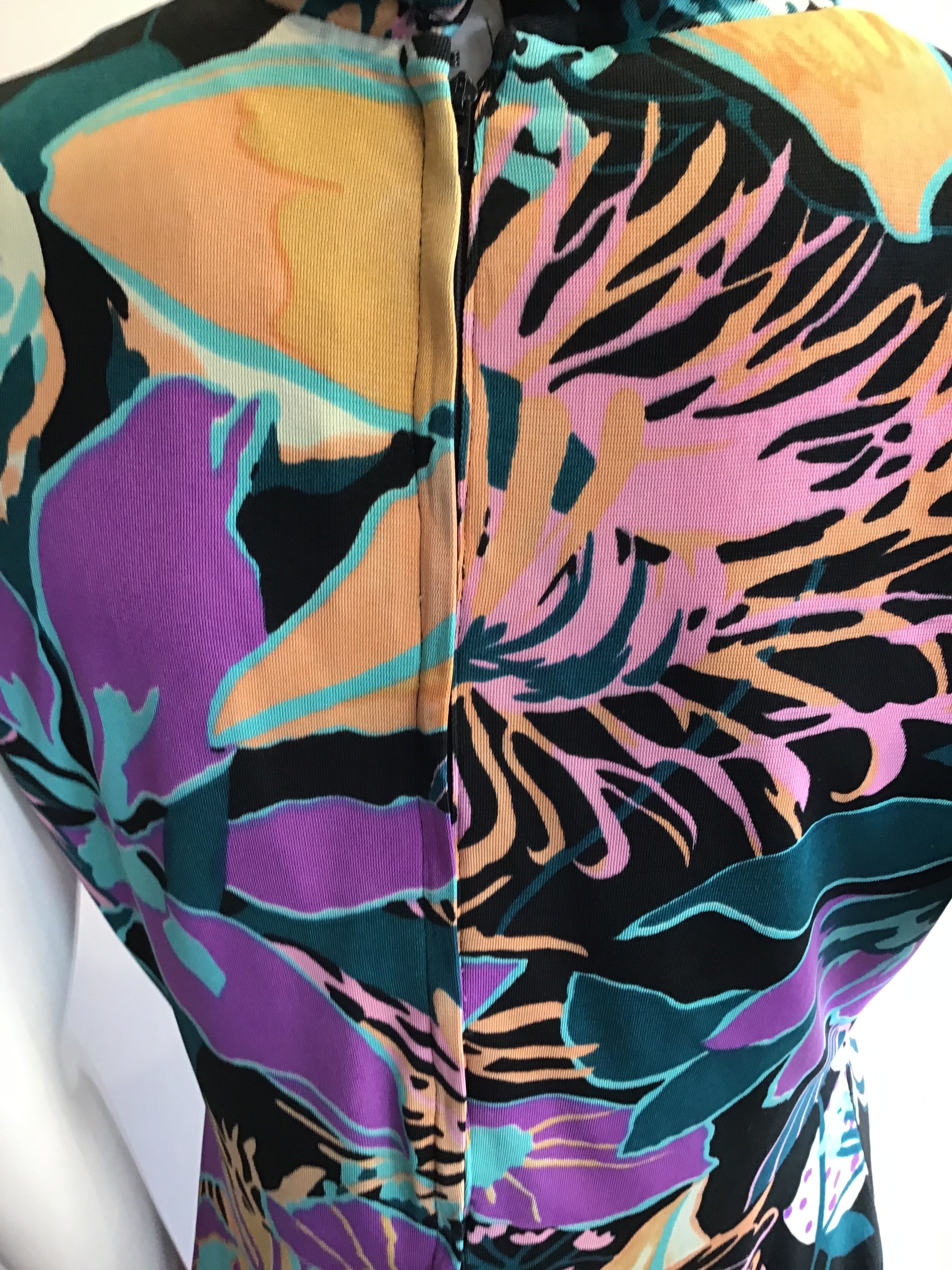 1970’s Black Floral Mock Turtleneck Polyester Maxi Dress Size 8/9