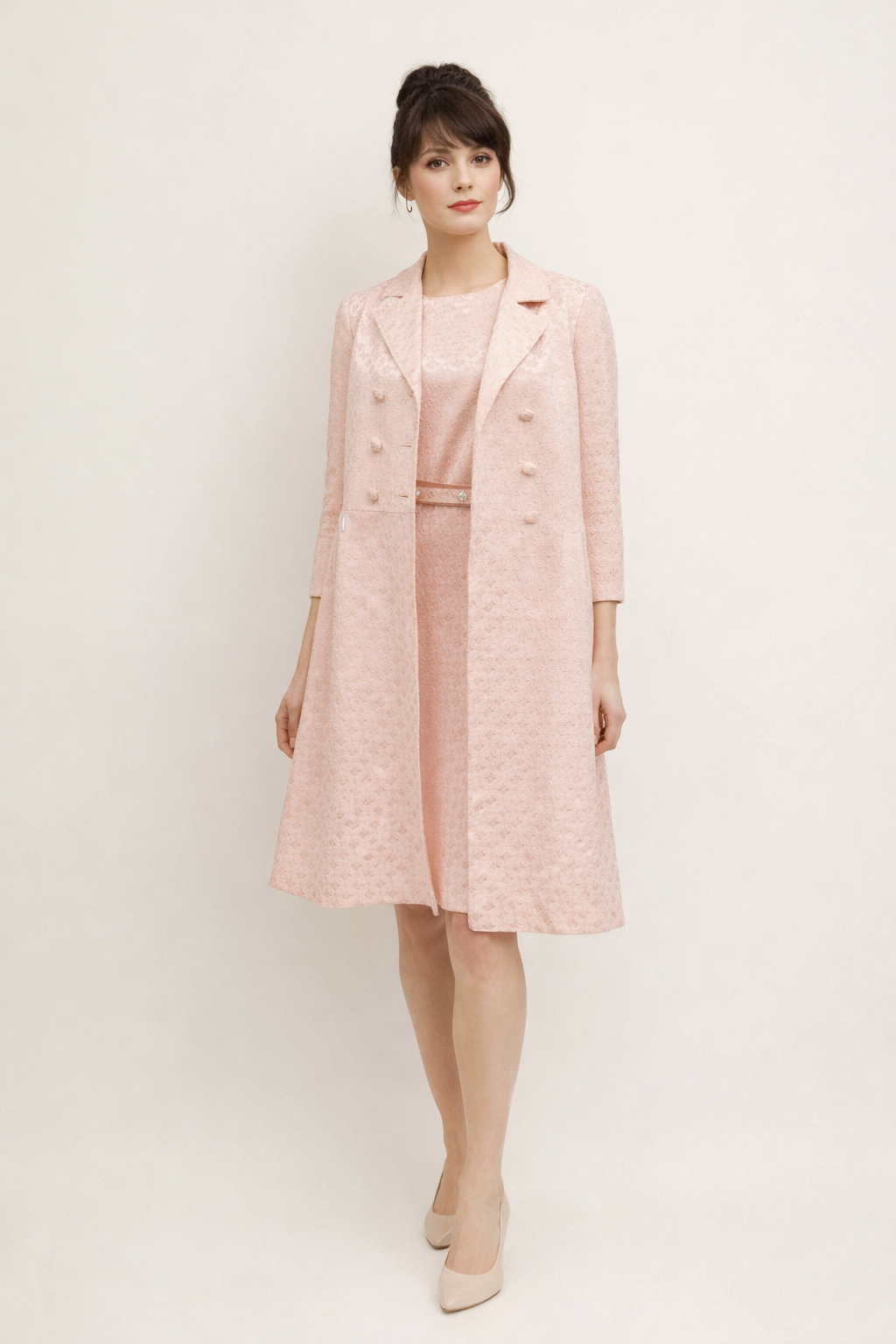 2 Piece Pink Brocade Dress with Jacket 1960's Women's Costume Rental