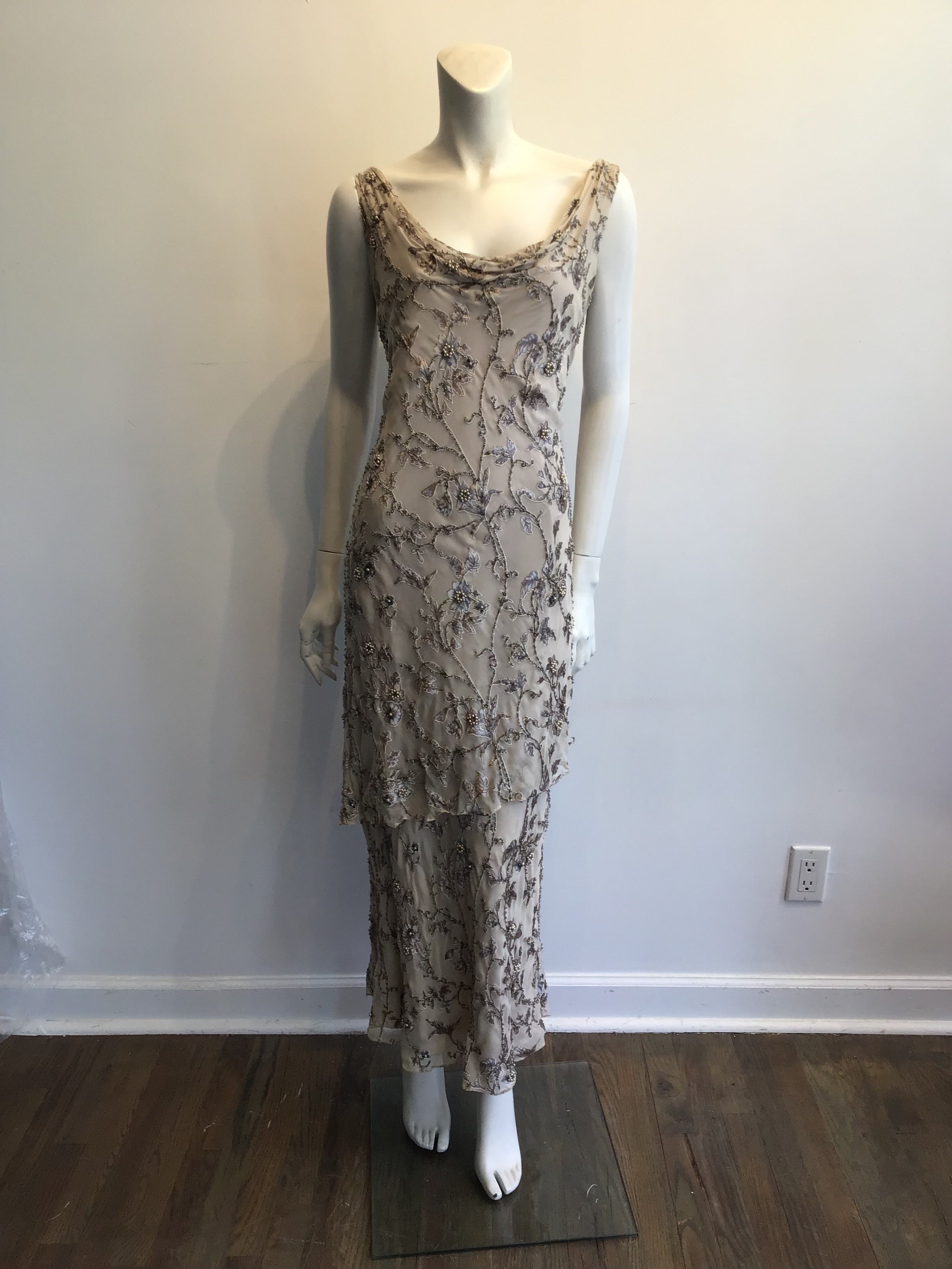1990s Victoria Royal Taupe Silk Evening Gown Size 16