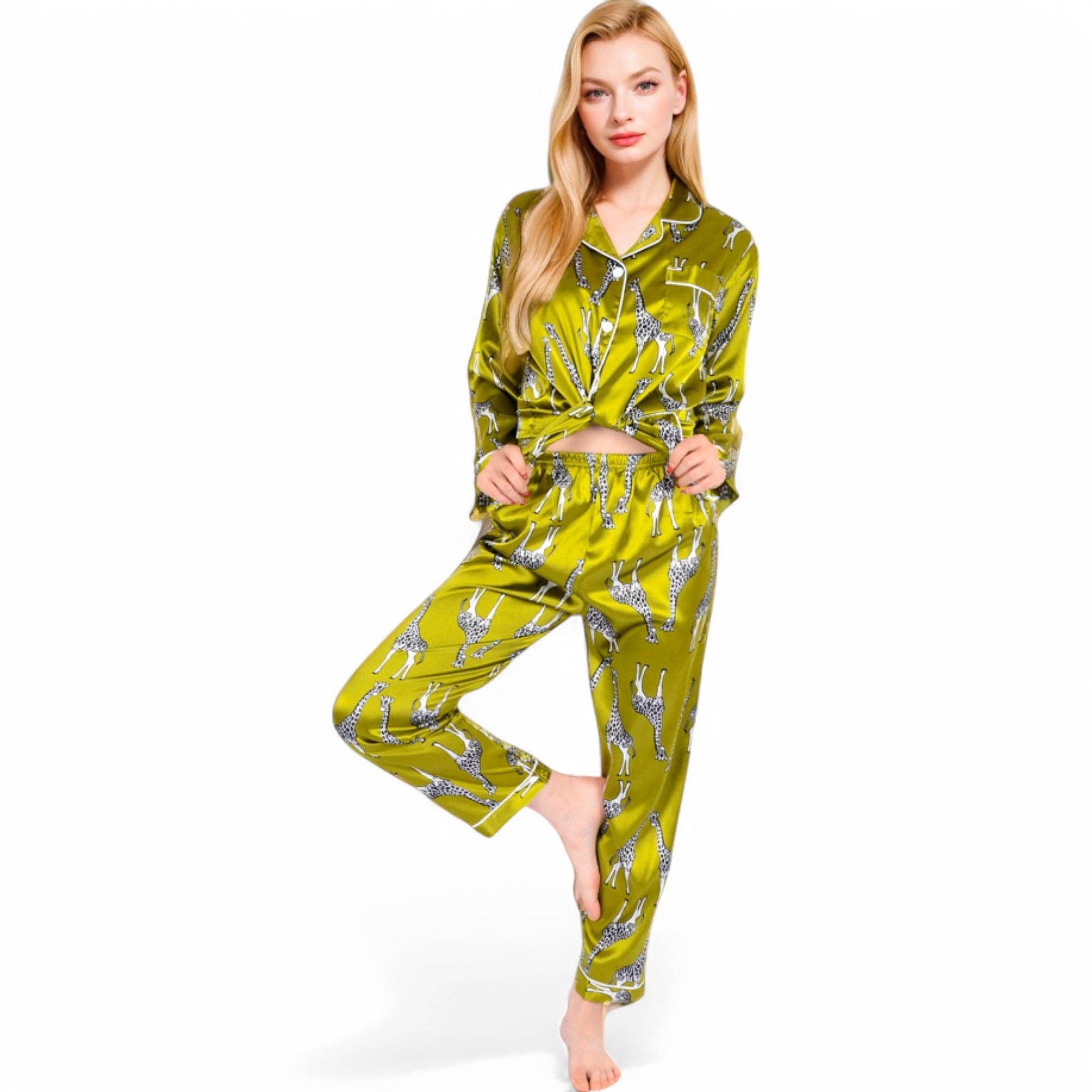 Satin Pajama Set with Giraffe Print and Button-Down Top