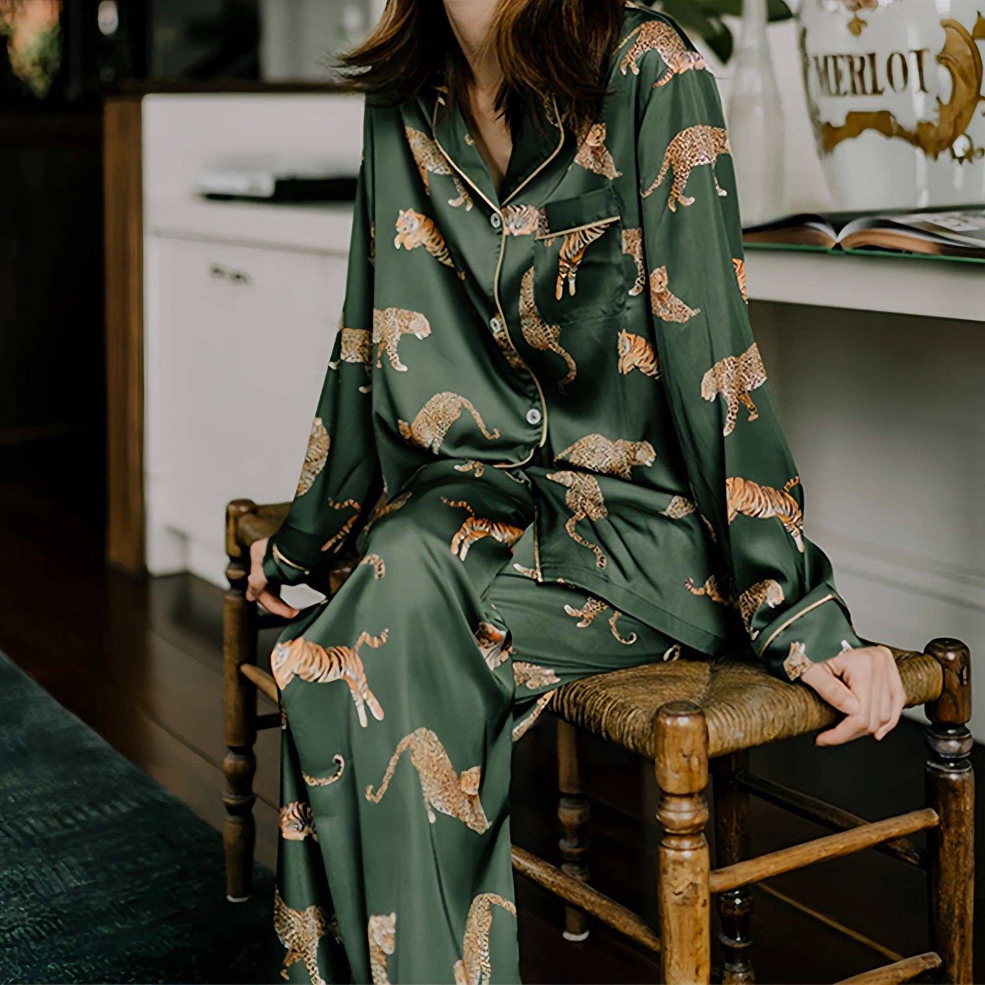 Long Sleeve Button Front Pajama Set with Tiger Print and Sat