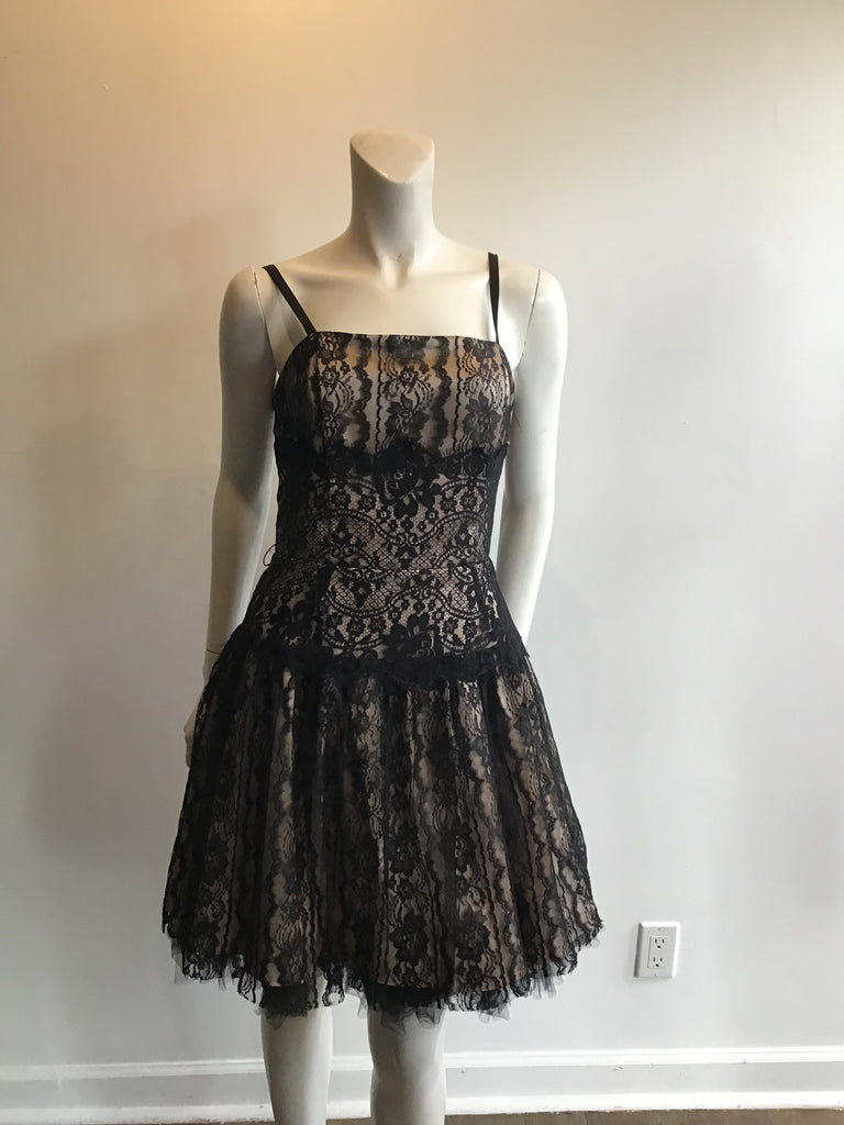 1980s Jessica Mclintock short black lace and cream party dress prom dress 