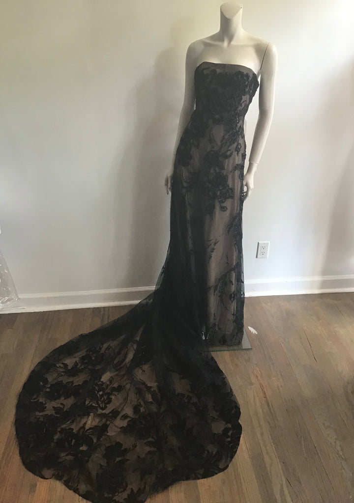 1990s Bagley Mischka Black/beige  Beaded Evening Gown with Train-10/12