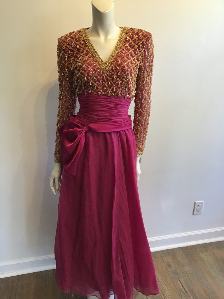 1980’s Cranberry Crepe Beaded Victoria Ltd of Hong Kong Evening Dress Size 8